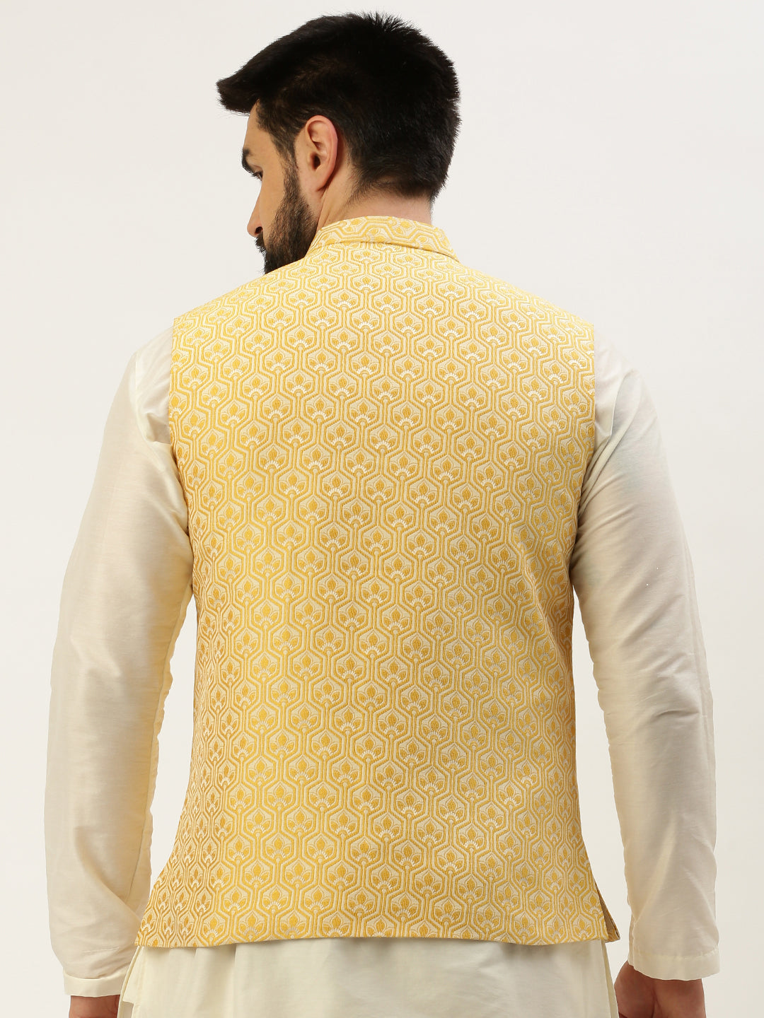 Men Mandarin Collar Woven Design Yellow Nehru Jacket