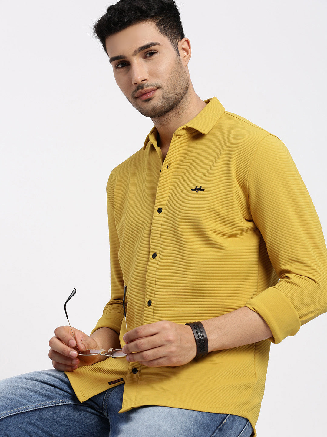 Men Yellow Solid Slim Fit Shirt