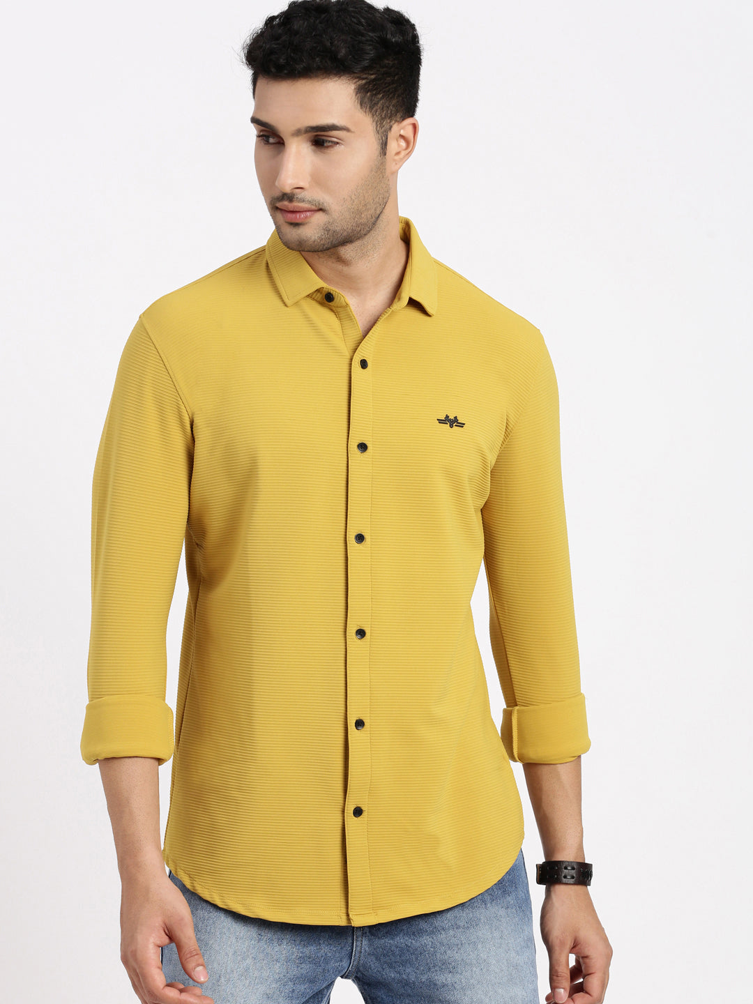 Men Yellow Solid Slim Fit Shirt