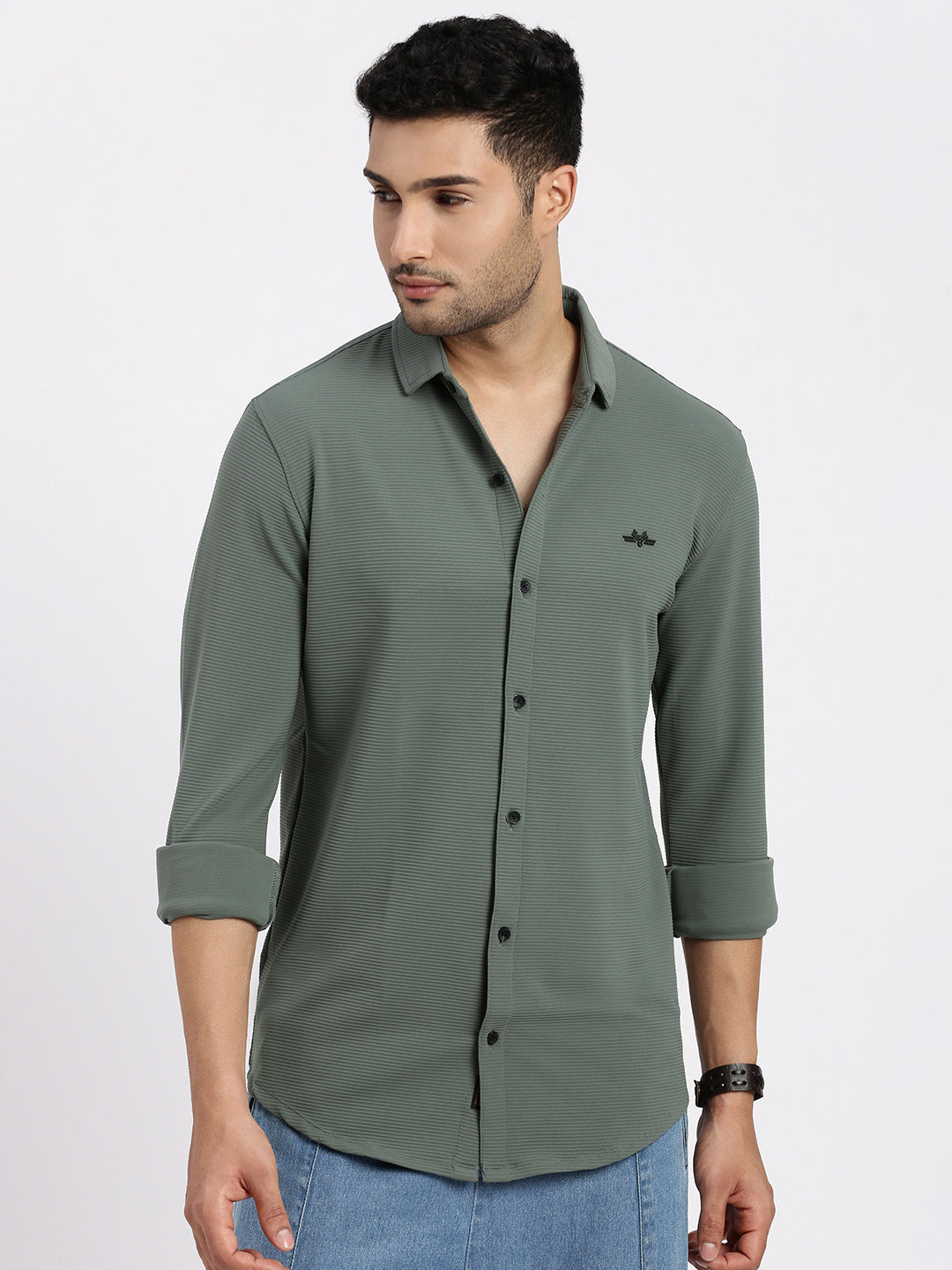 Men Green Solid Slim Fit Shirt