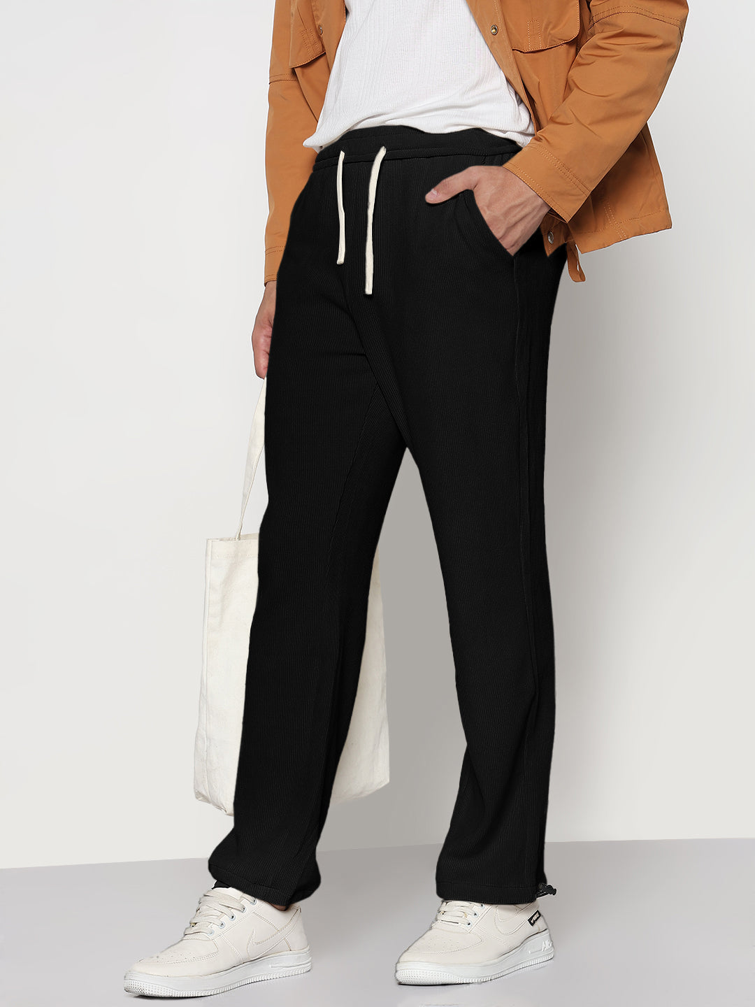 Men's Corduroy Black Straight Fit Trousers with Toggled Hem