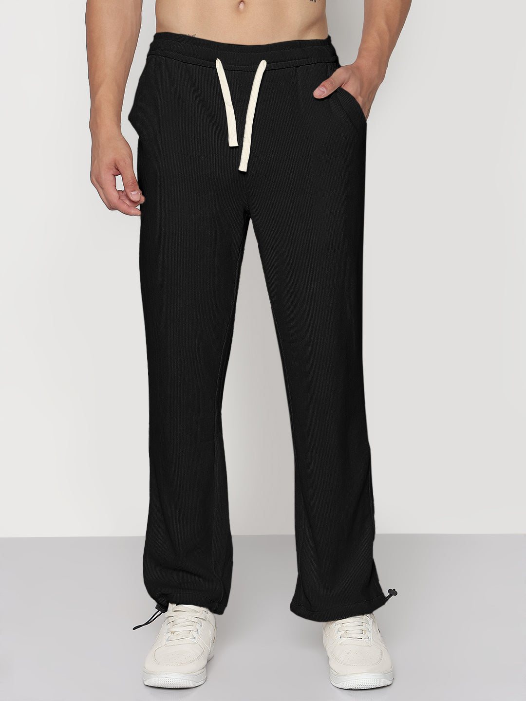 Men's Corduroy Black Straight Fit Trousers with Toggled Hem