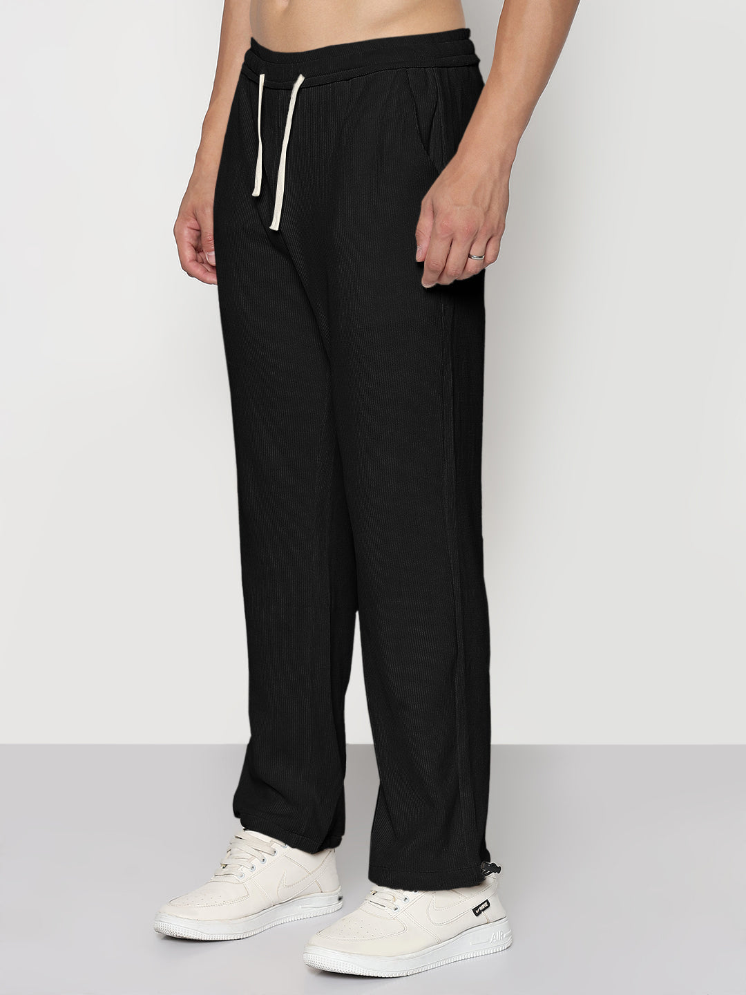 Men's Corduroy Black Straight Fit Trousers with Toggled Hem