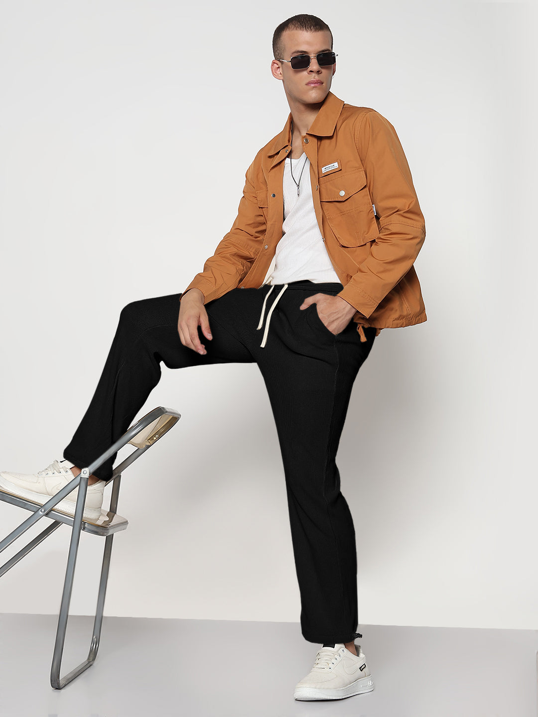 Men's Corduroy Black Straight Fit Trousers with Toggled Hem