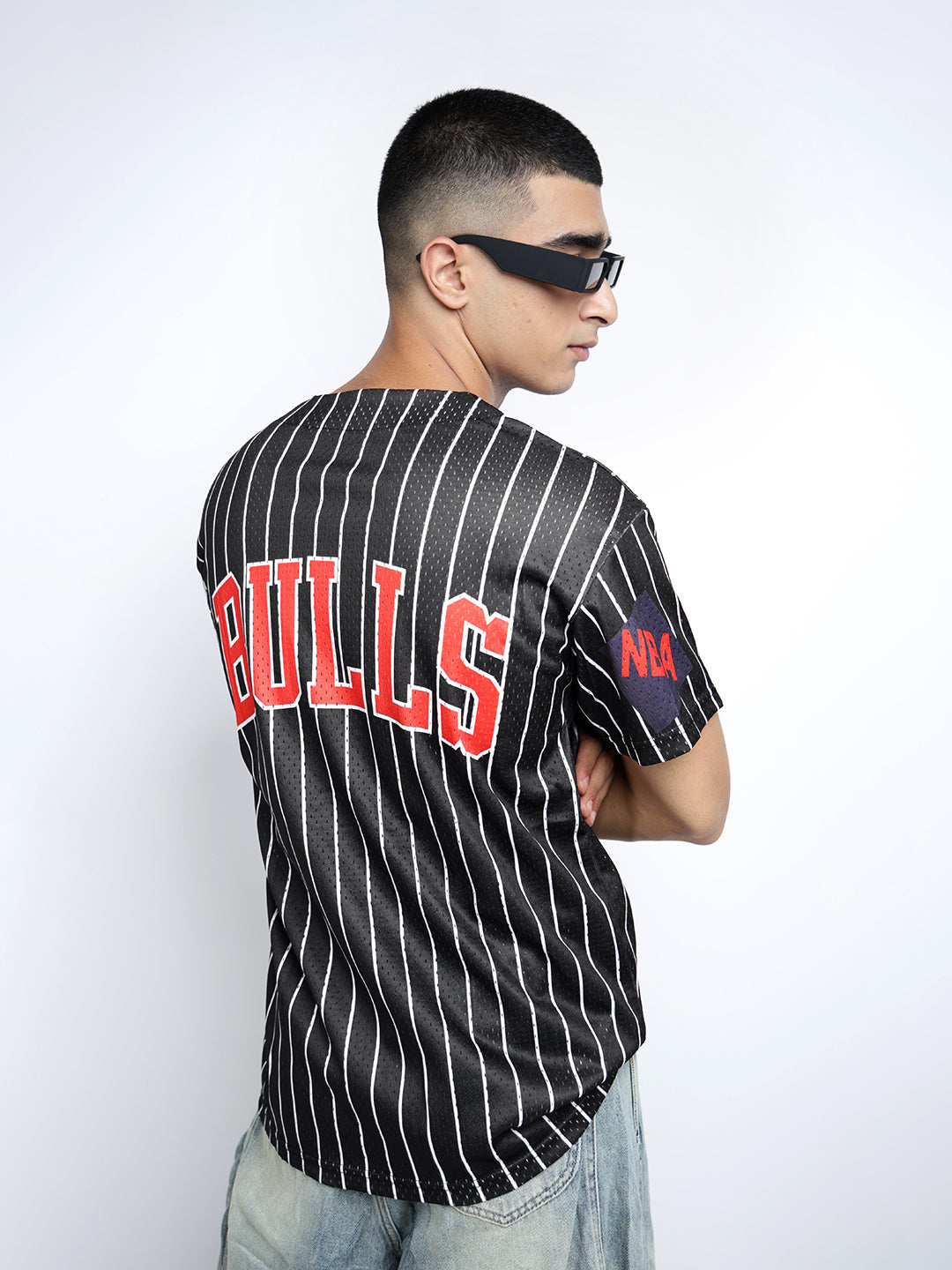 Men’s Printed Black Button-Down Striped Mesh Jersey T-Shirt