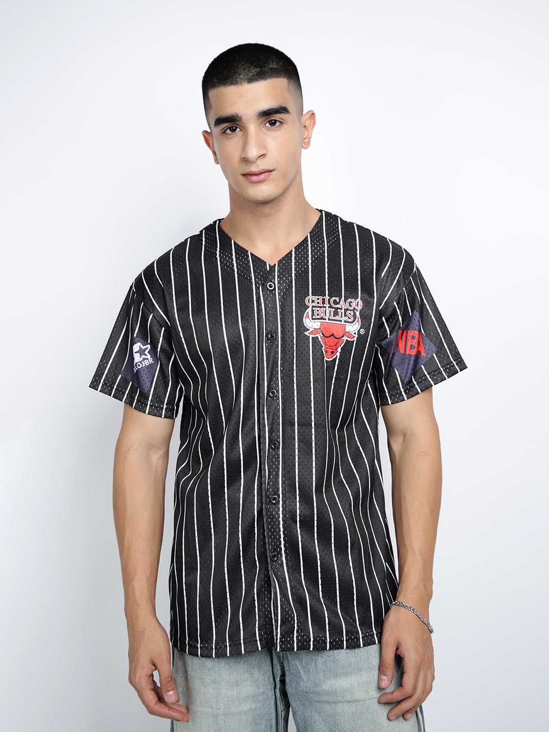 Men’s Printed Black Button-Down Striped Mesh Jersey T-Shirt