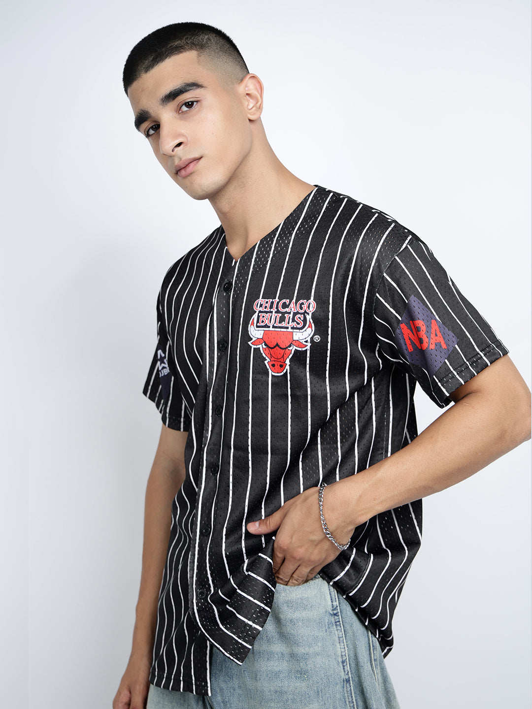 Men’s Printed Black Button-Down Striped Mesh Jersey T-Shirt
