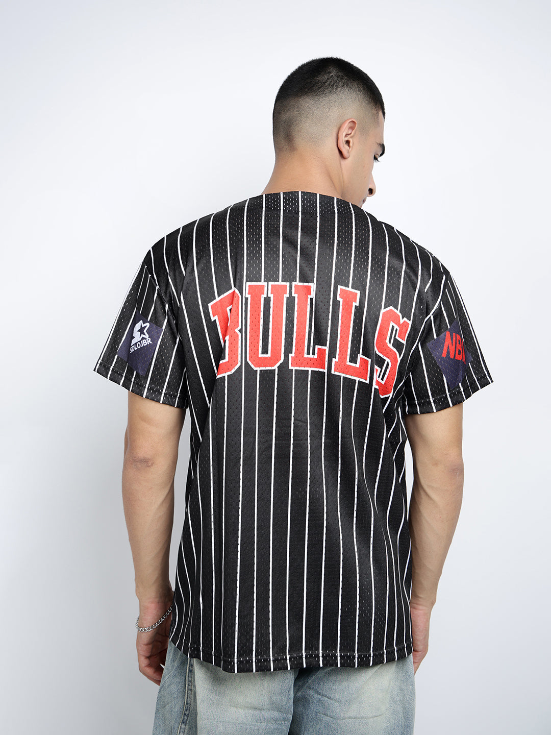 Men’s Printed Black Button-Down Striped Mesh Jersey T-Shirt