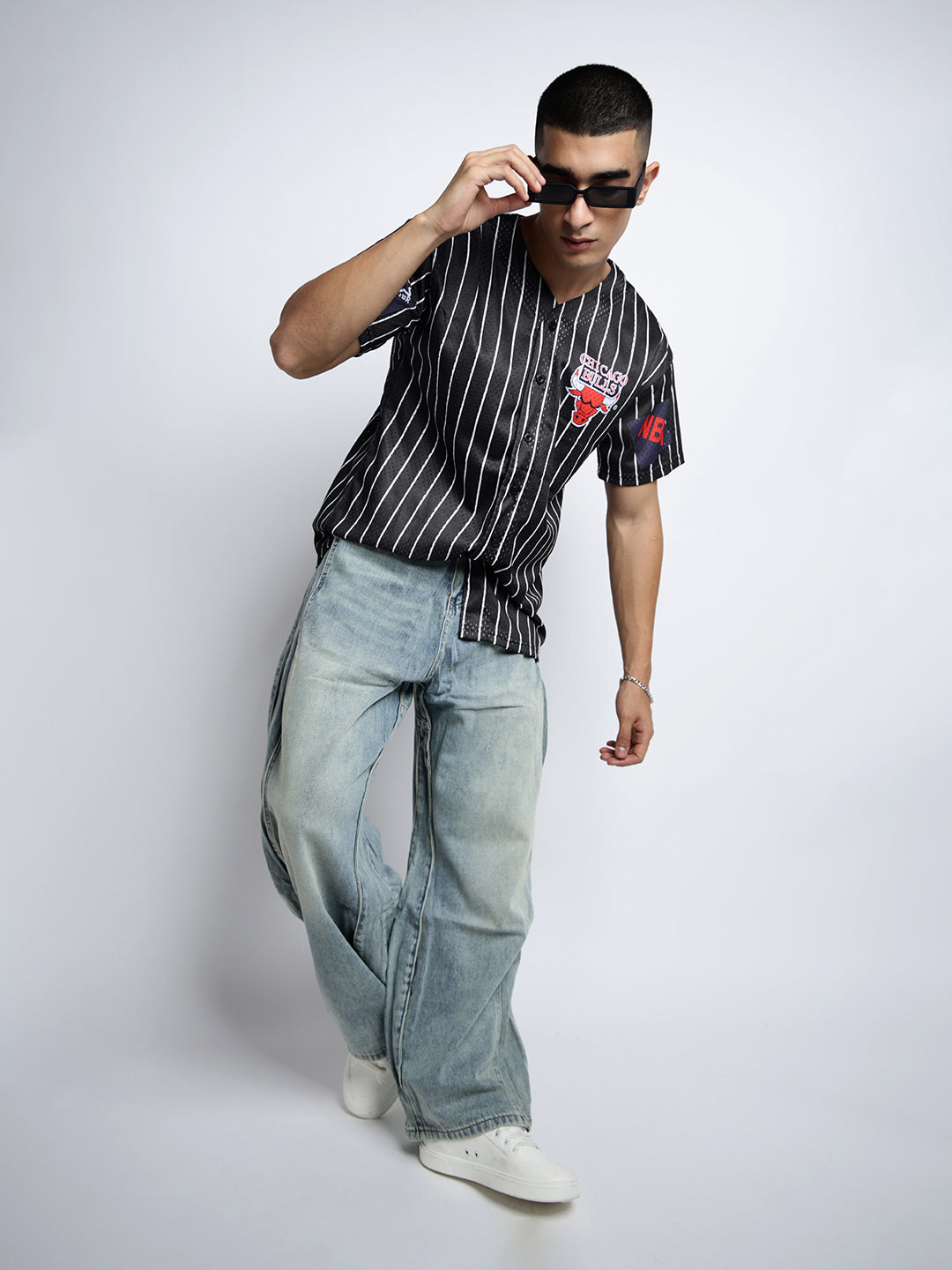 Men’s Printed Black Button-Down Striped Mesh Jersey T-Shirt