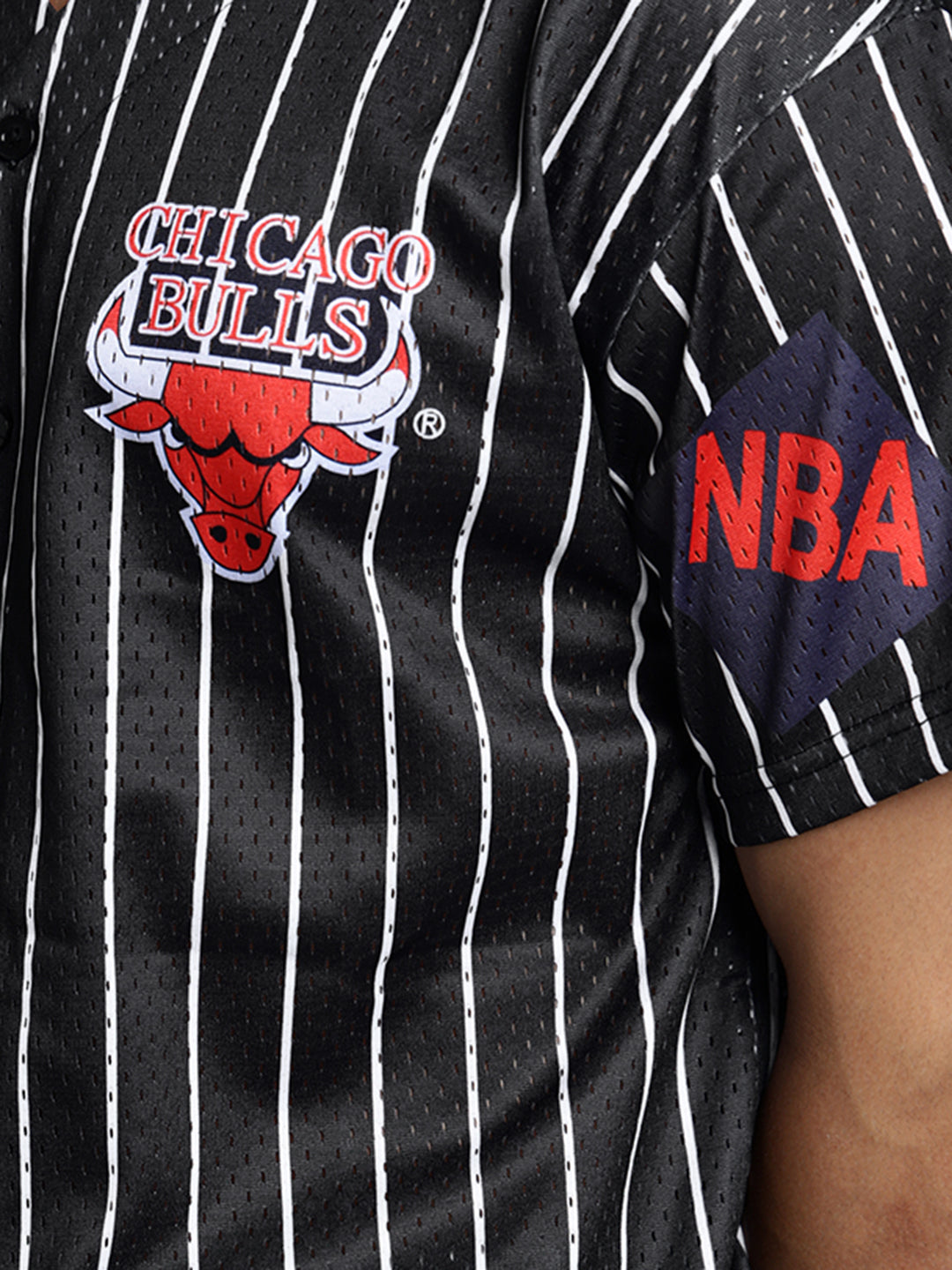 Men’s Printed Black Button-Down Striped Mesh Jersey T-Shirt