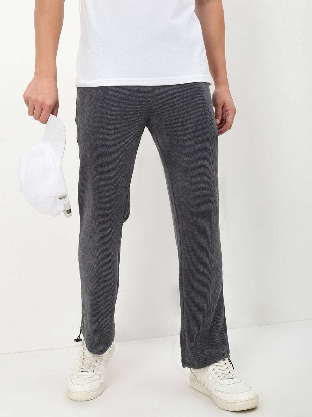 Men Dark Grey Solid Straight Fit Trousers