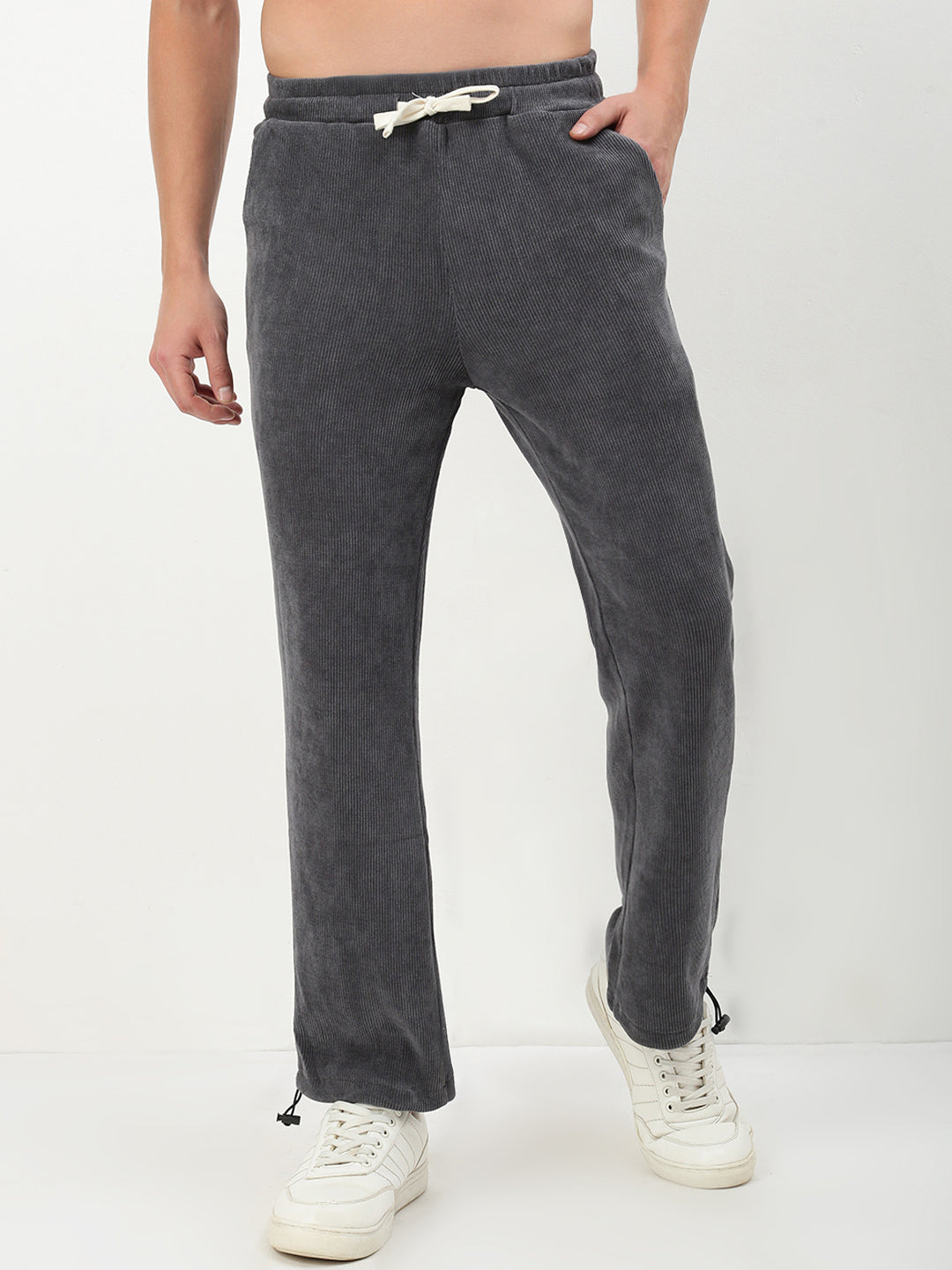 Men Dark Grey Solid Straight Fit Trousers