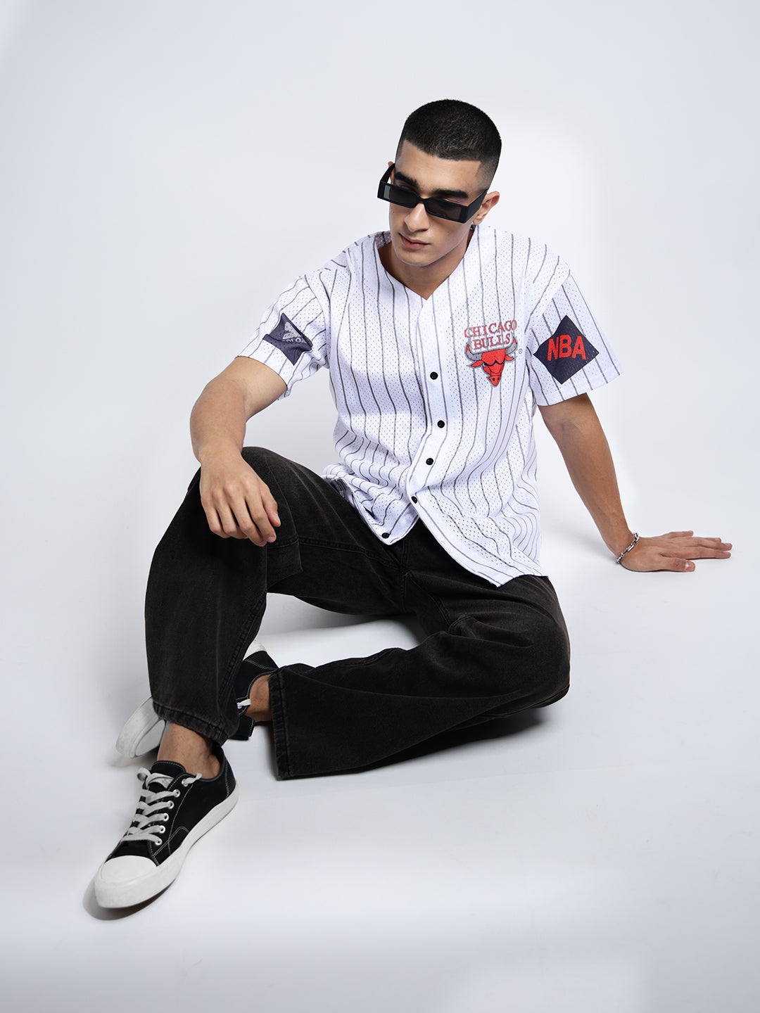 Men’s Printed White Button-Down Striped Mesh Jersey T-Shirt