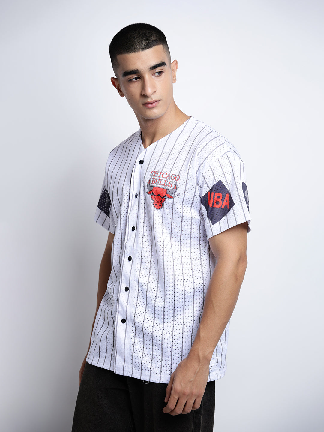 Men’s Printed White Button-Down Striped Mesh Jersey T-Shirt