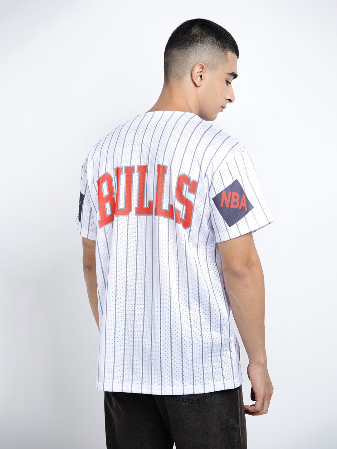 Men’s Printed White Button-Down Striped Mesh Jersey T-Shirt