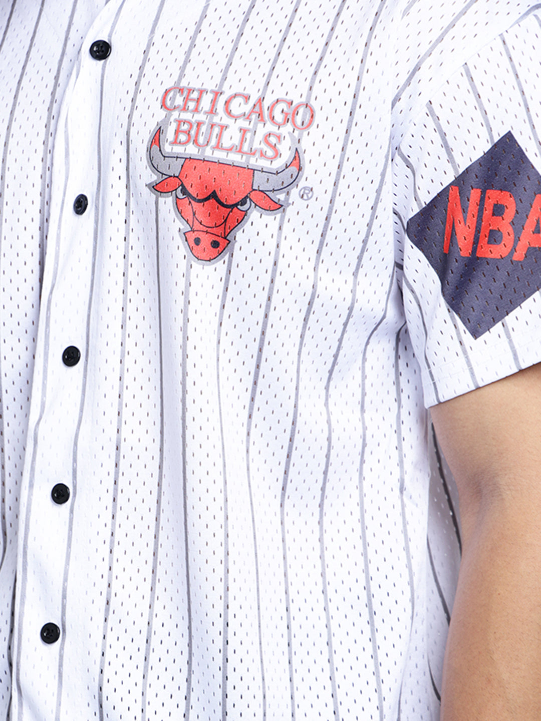 Men’s Printed White Button-Down Striped Mesh Jersey T-Shirt