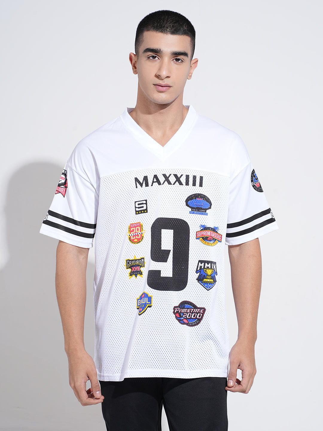 Men’s Graphic Patch Print White Mesh Oversized Jersey T-Shirt