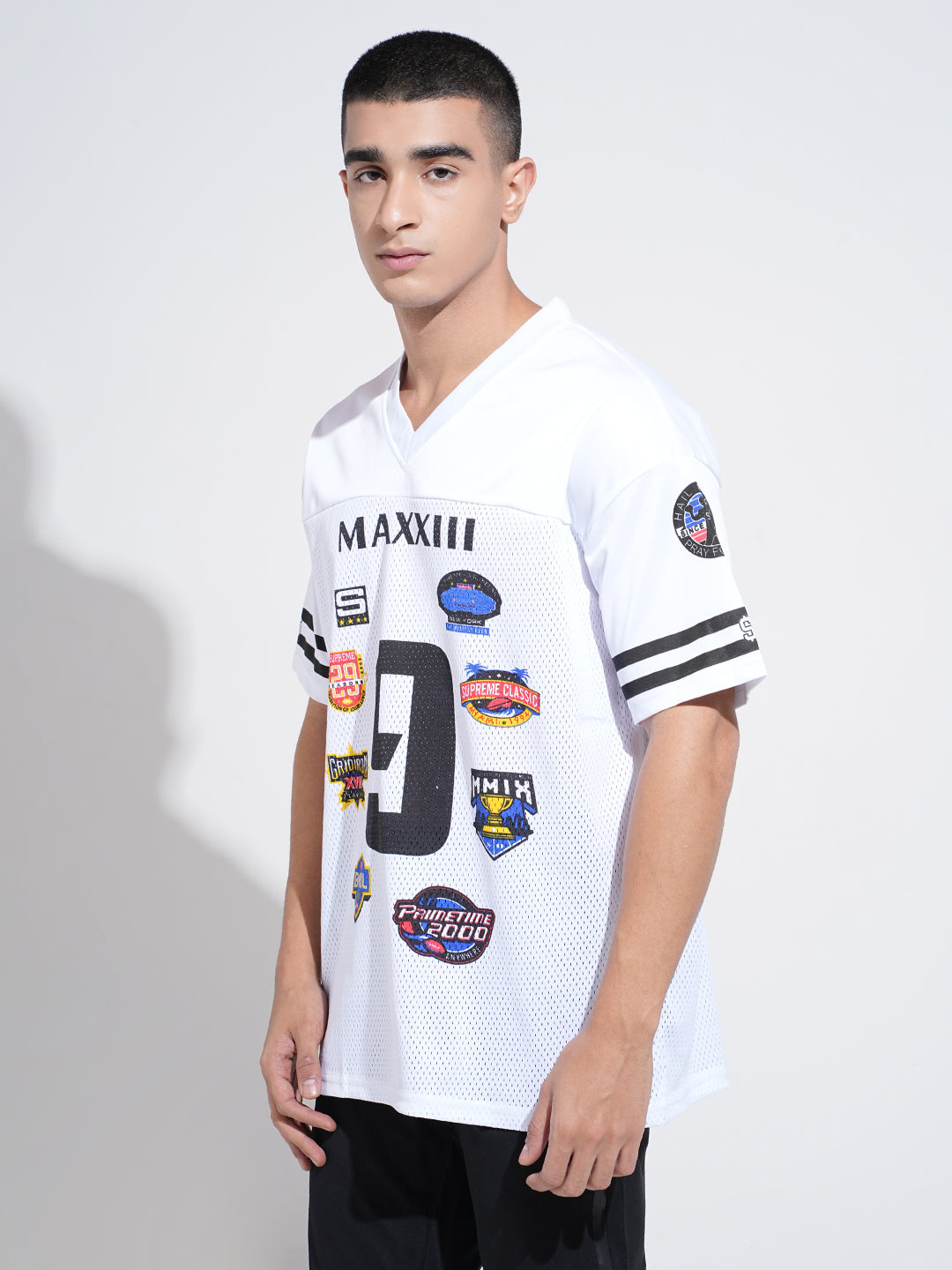 Men’s Graphic Patch Print White Mesh Oversized Jersey T-Shirt