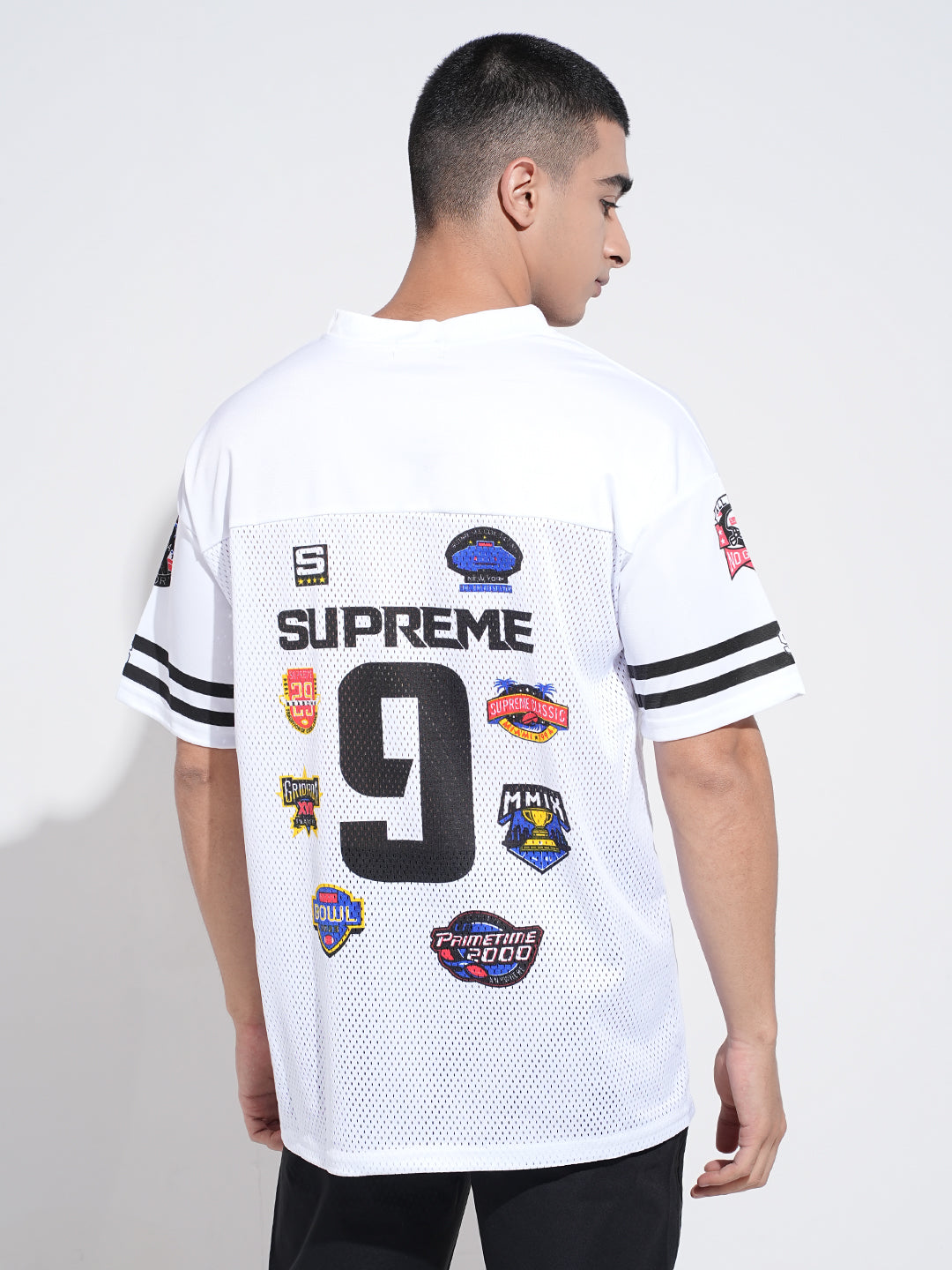 Men’s Graphic Patch Print White Mesh Oversized Jersey T-Shirt