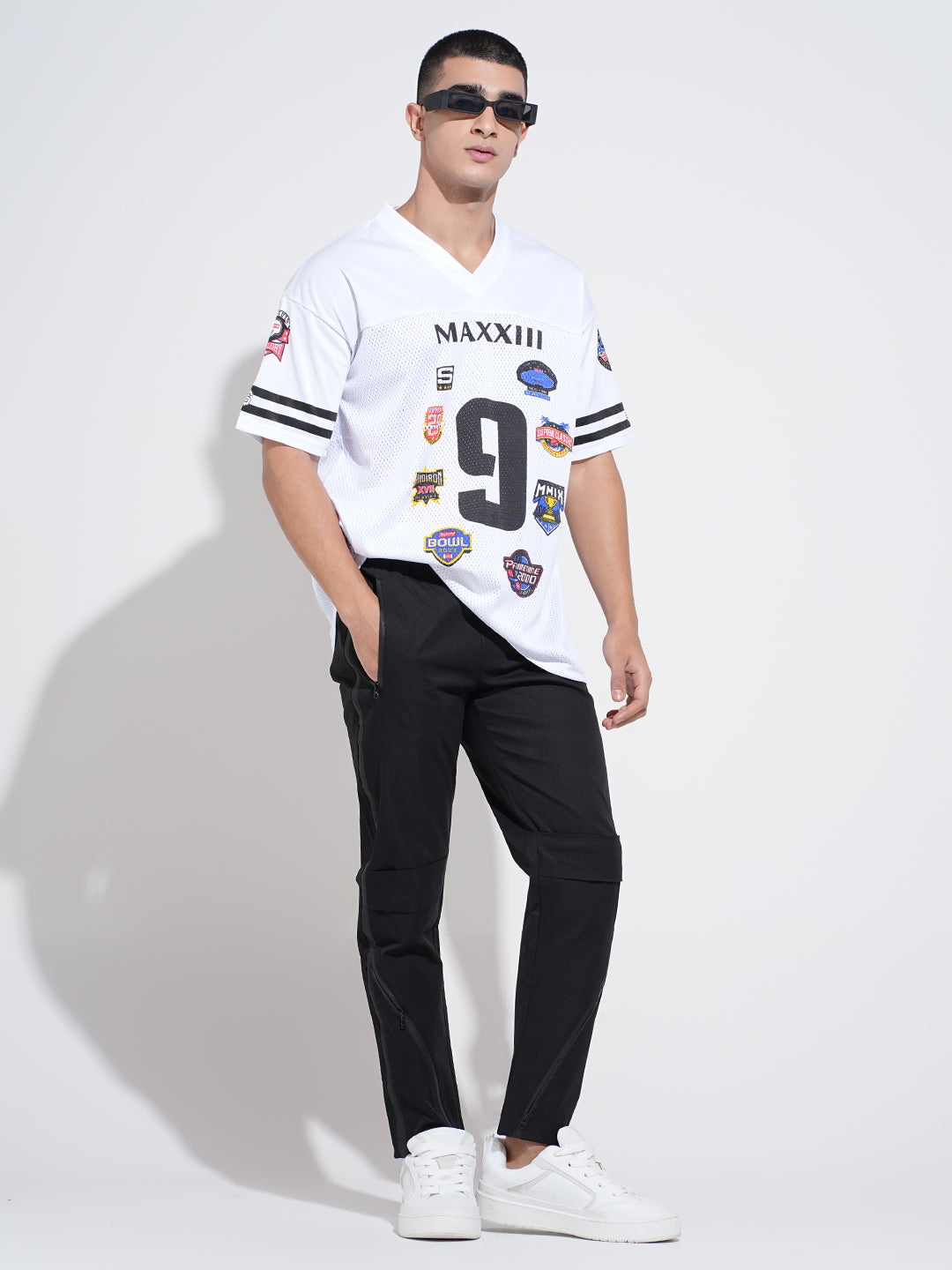 Men’s Graphic Patch Print White Mesh Oversized Jersey T-Shirt