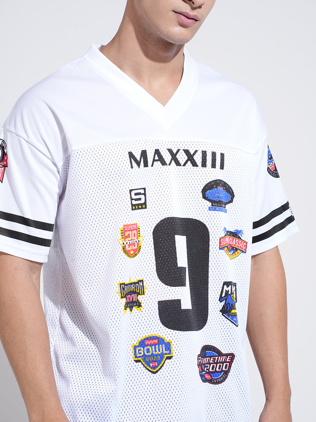 Men’s Graphic Patch Print White Mesh Oversized Jersey T-Shirt