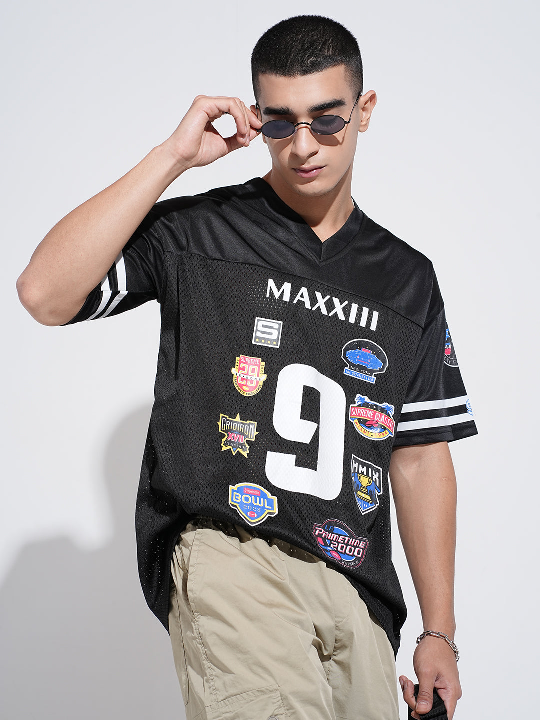 Men’s Graphic Patch Print Black Mesh Oversized Jersey T-Shirt