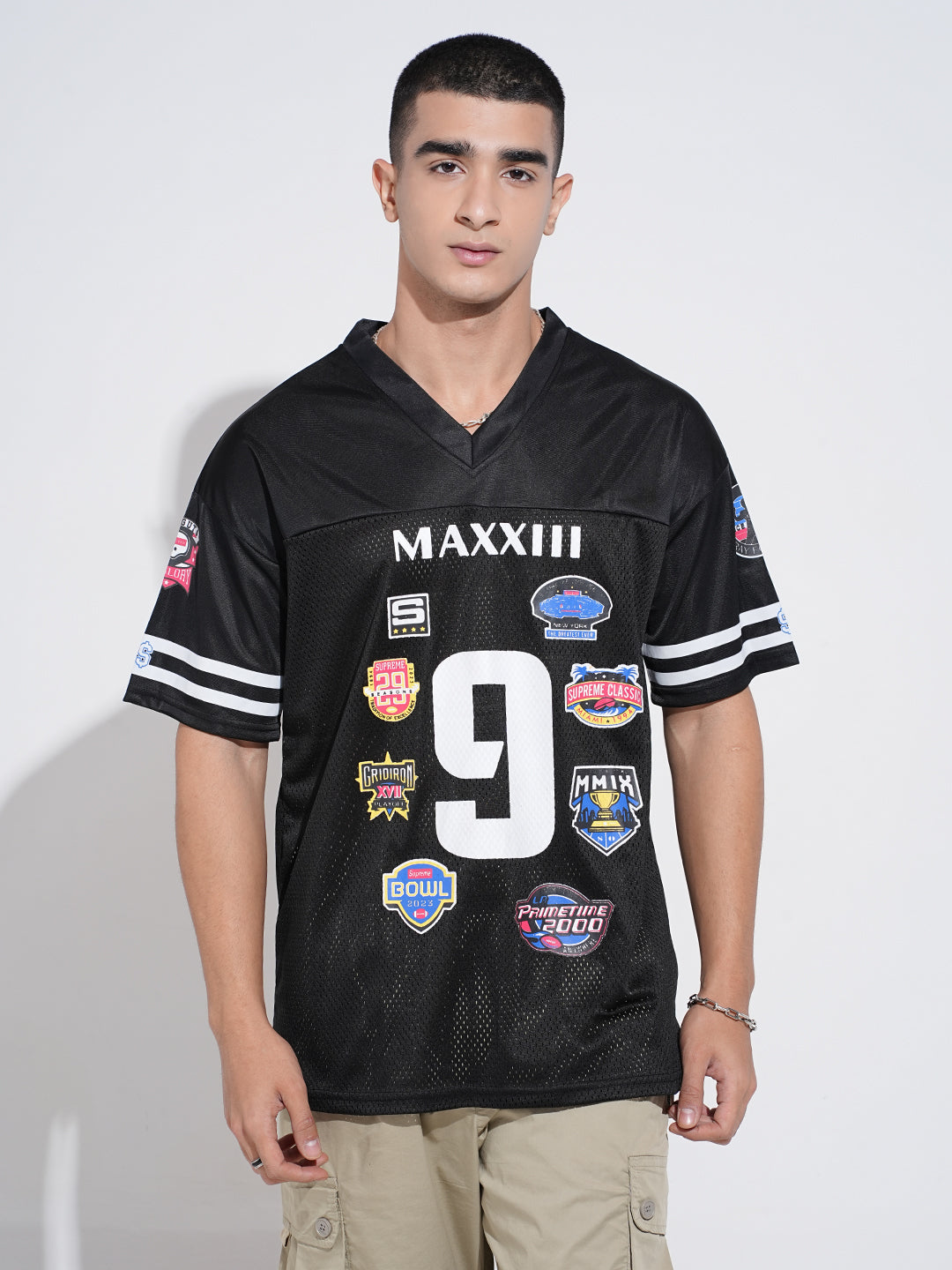 Men’s Graphic Patch Print Black Mesh Oversized Jersey T-Shirt