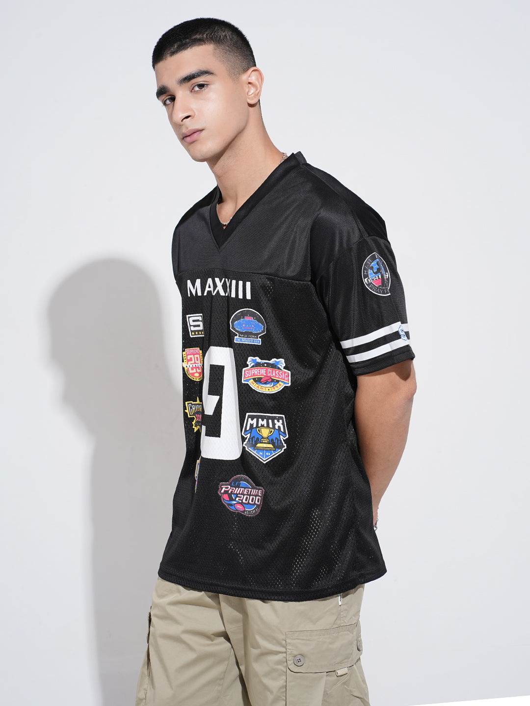 Men’s Graphic Patch Print Black Mesh Oversized Jersey T-Shirt