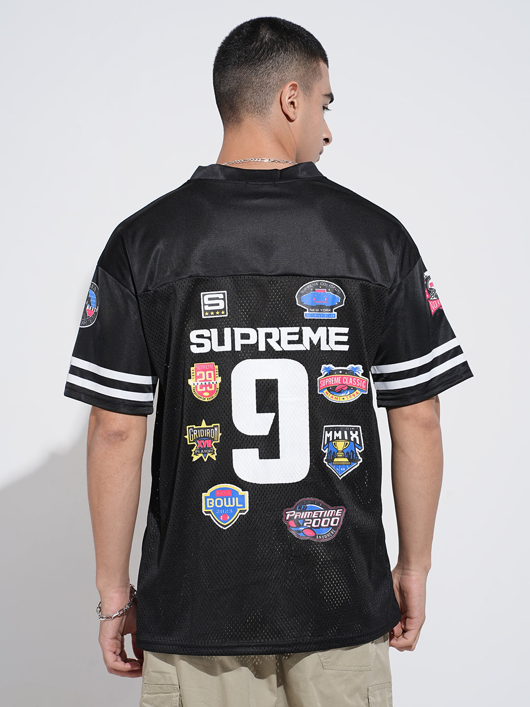 Men’s Graphic Patch Print Black Mesh Oversized Jersey T-Shirt