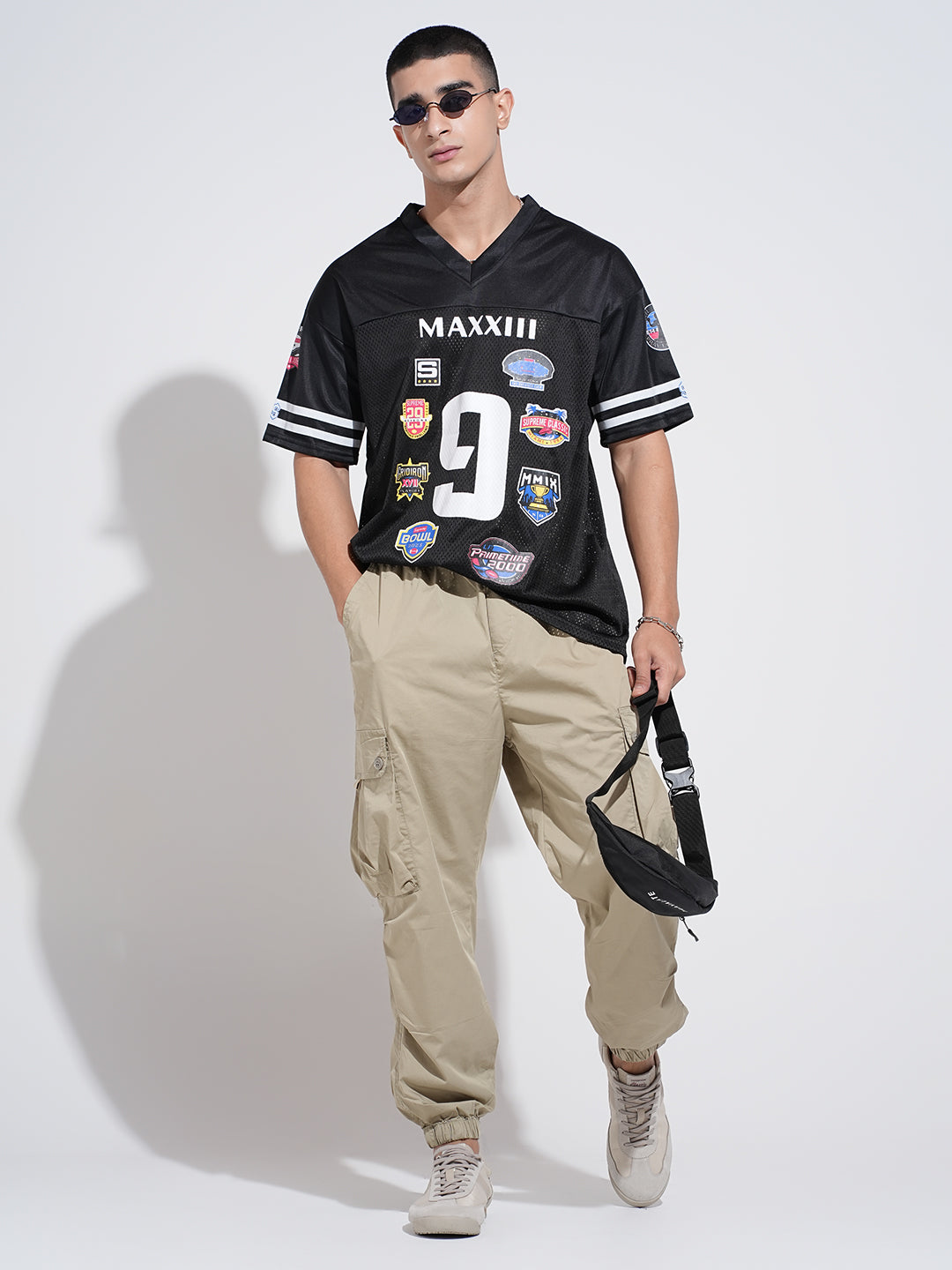 Men’s Graphic Patch Print Black Mesh Oversized Jersey T-Shirt