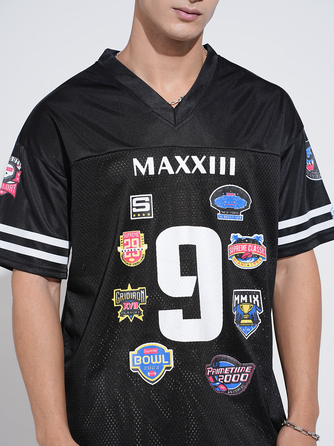Men’s Graphic Patch Print Black Mesh Oversized Jersey T-Shirt