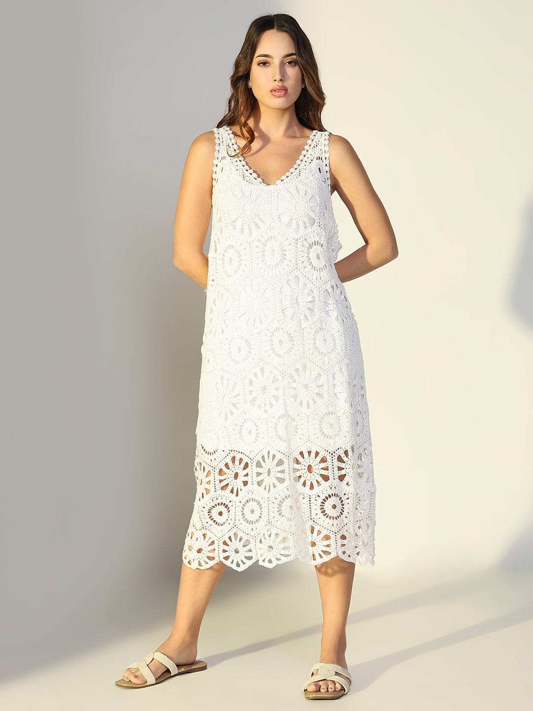 Women's White A-Line Crochet Dress