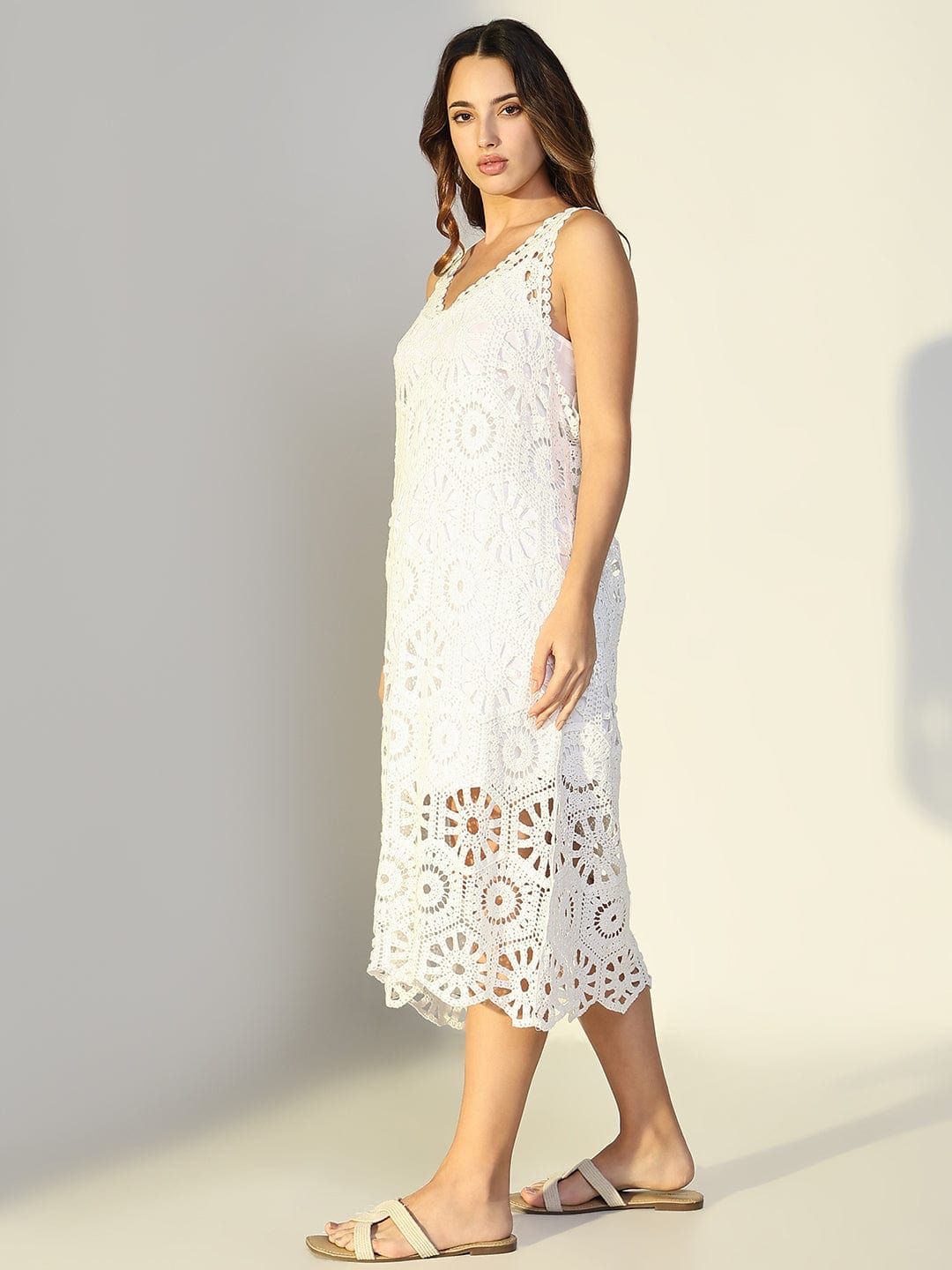 Women's White A-Line Crochet Dress