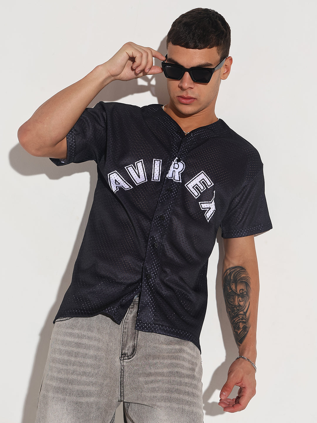 Men's Textured Black Mesh Baseball Jersey T-Shirt
