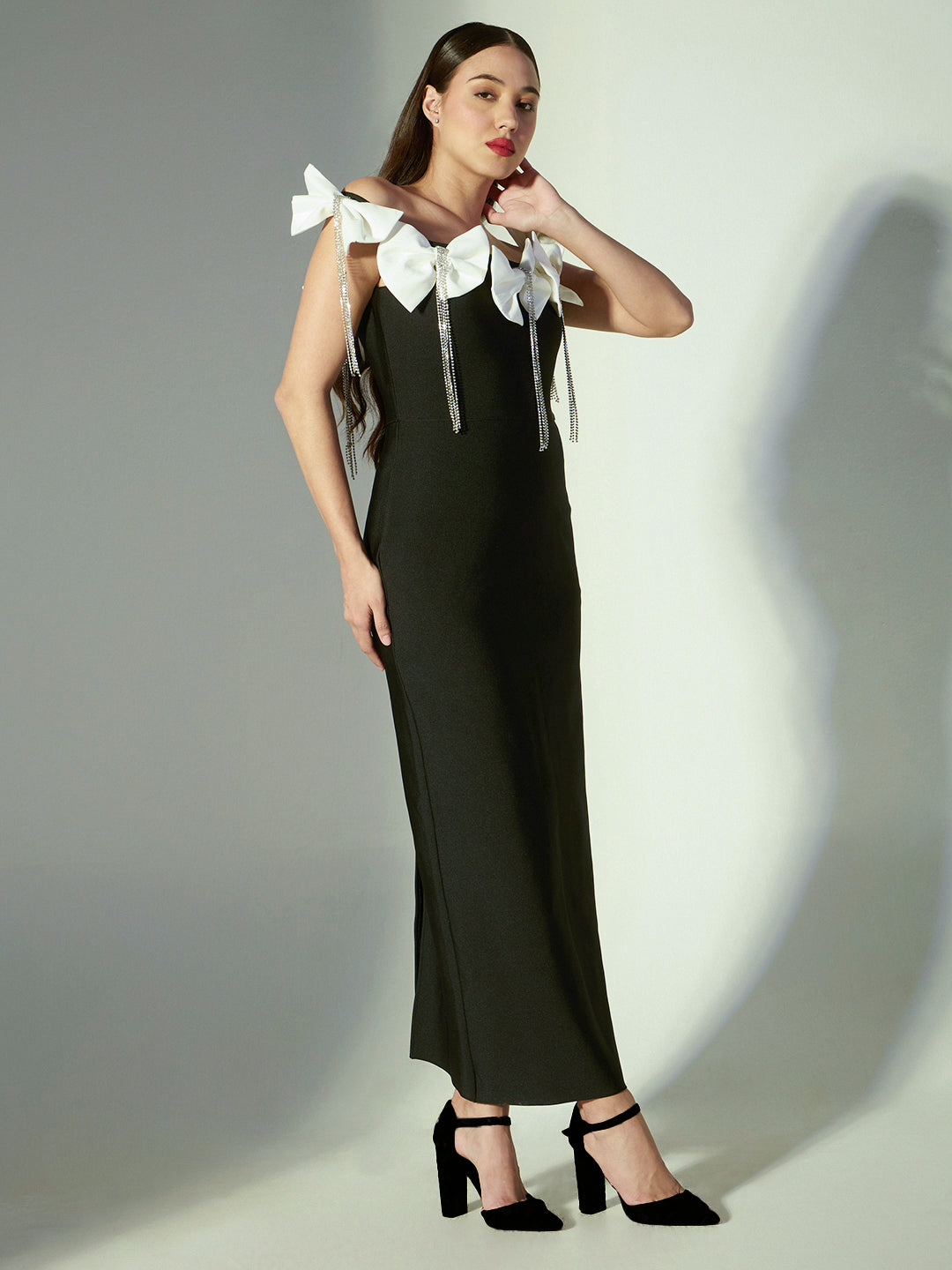 Women's Black Off-Shoulder Maxi Dress with Floral Applique & Rhinestone Tassels