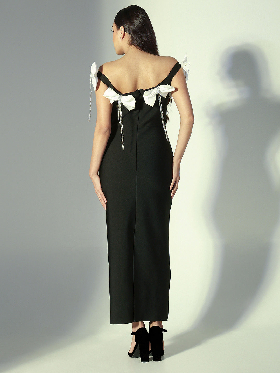 Women's Black Off-Shoulder Maxi Dress with Floral Applique & Rhinestone Tassels