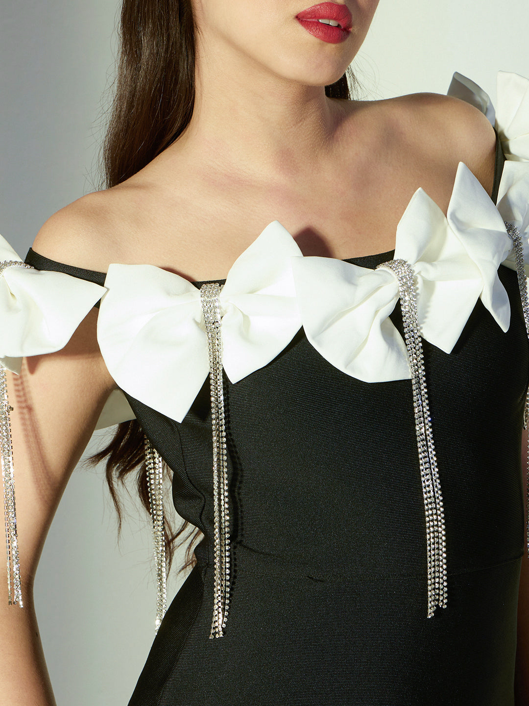 Women's Black Off-Shoulder Maxi Dress with Floral Applique & Rhinestone Tassels