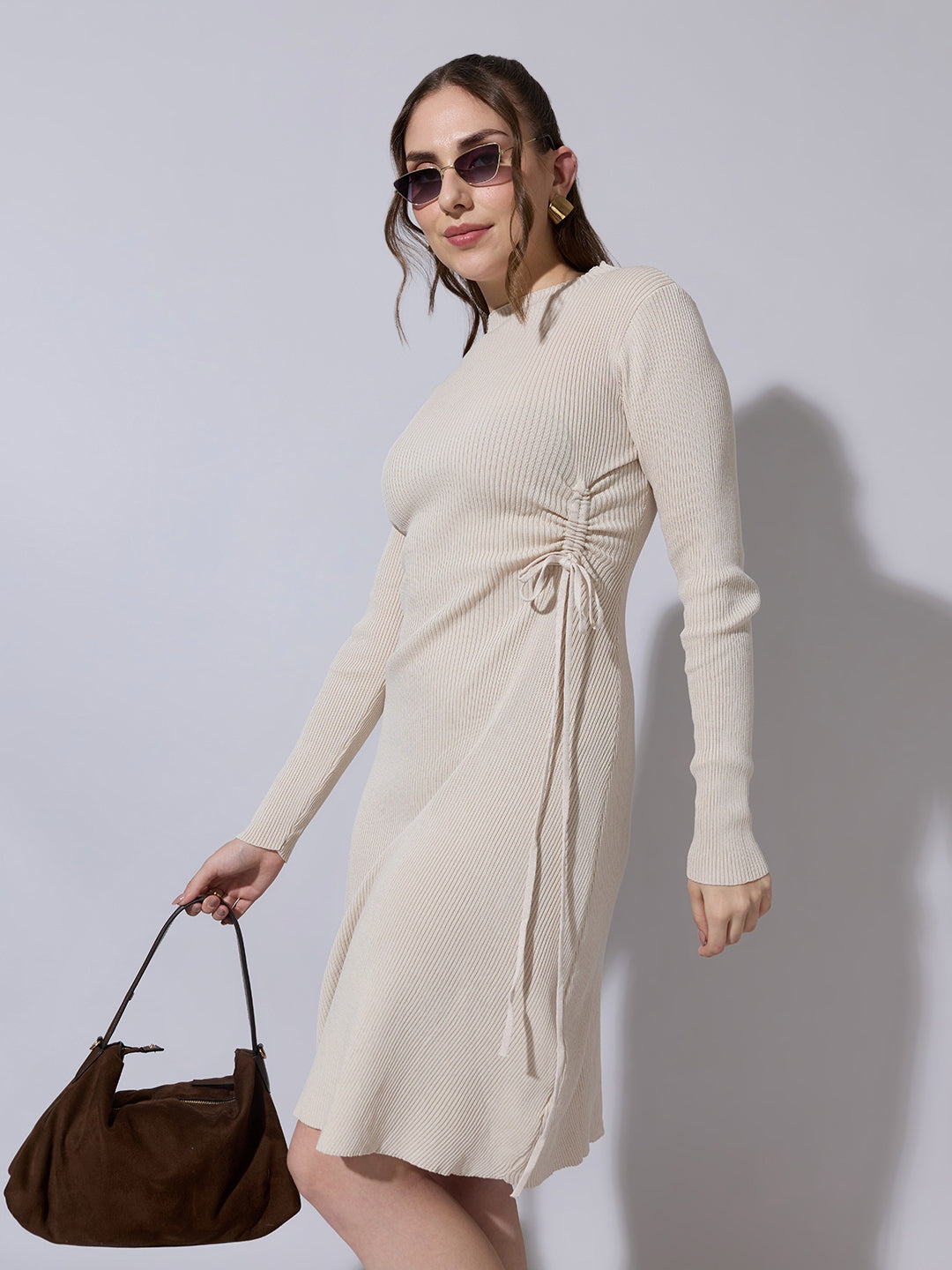 Women's Ribbed Beige Bodycon Dress with Side Drawstring Detail