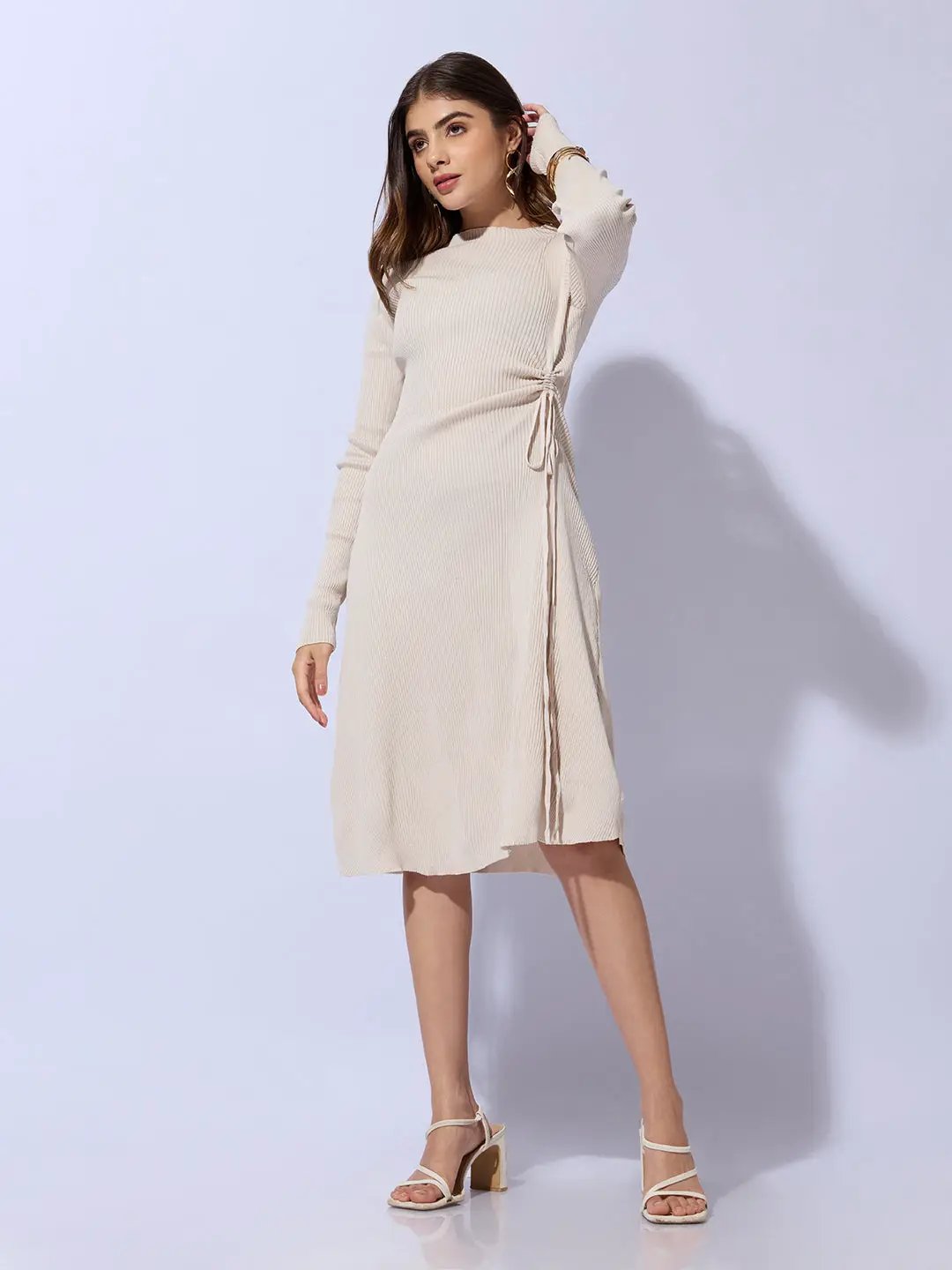 Women's Ribbed Beige Bodycon Dress with Side Drawstring Detail