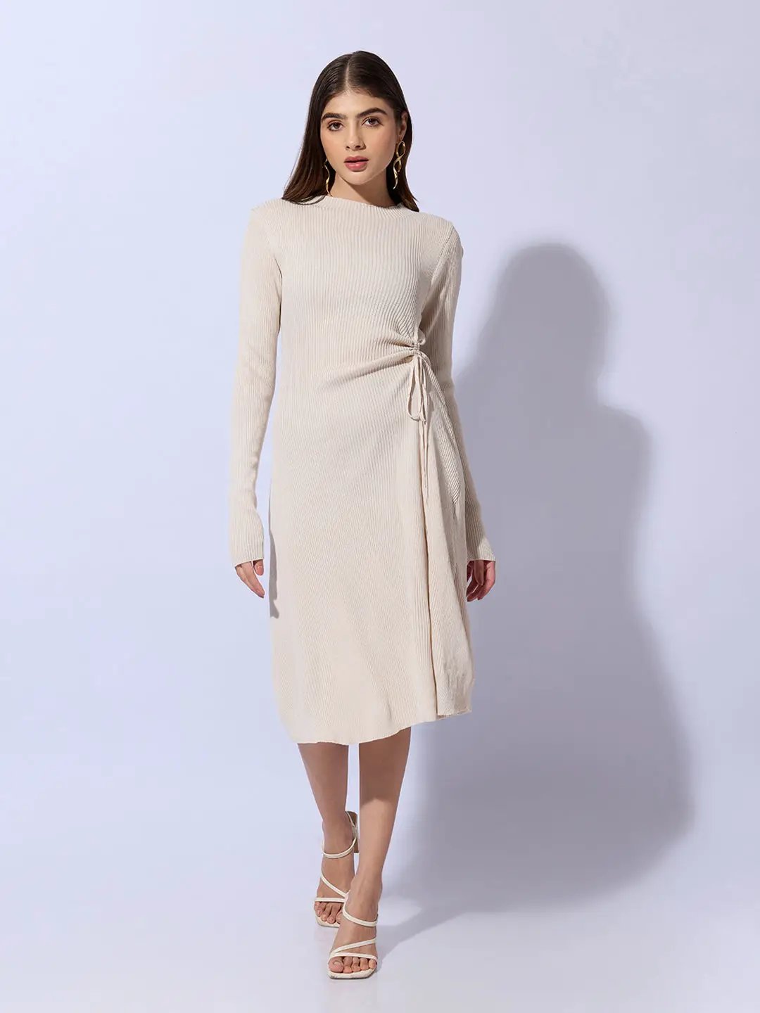 Women's Ribbed Beige Bodycon Dress with Side Drawstring Detail