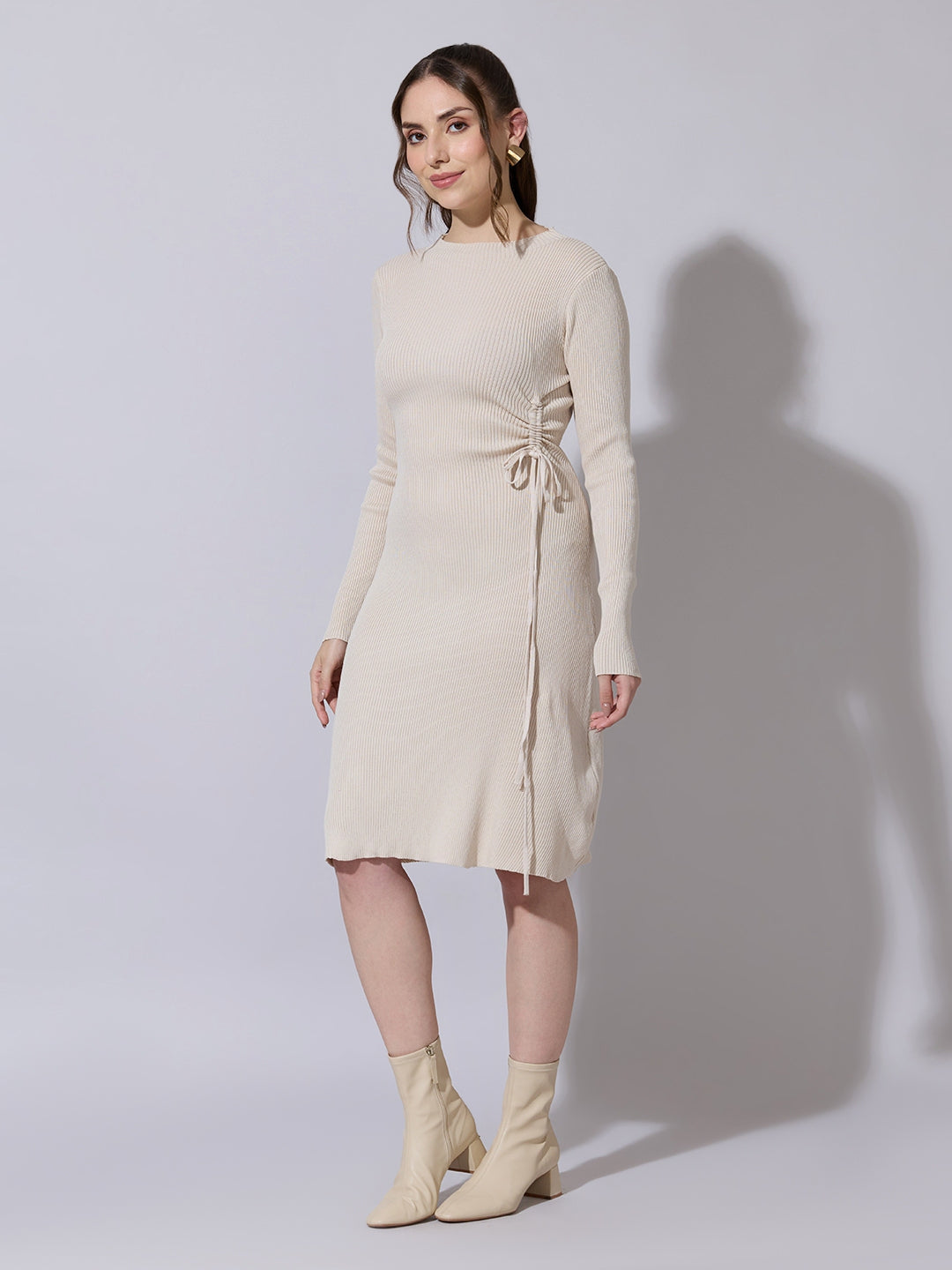 Women's Ribbed Beige Bodycon Dress with Side Drawstring Detail