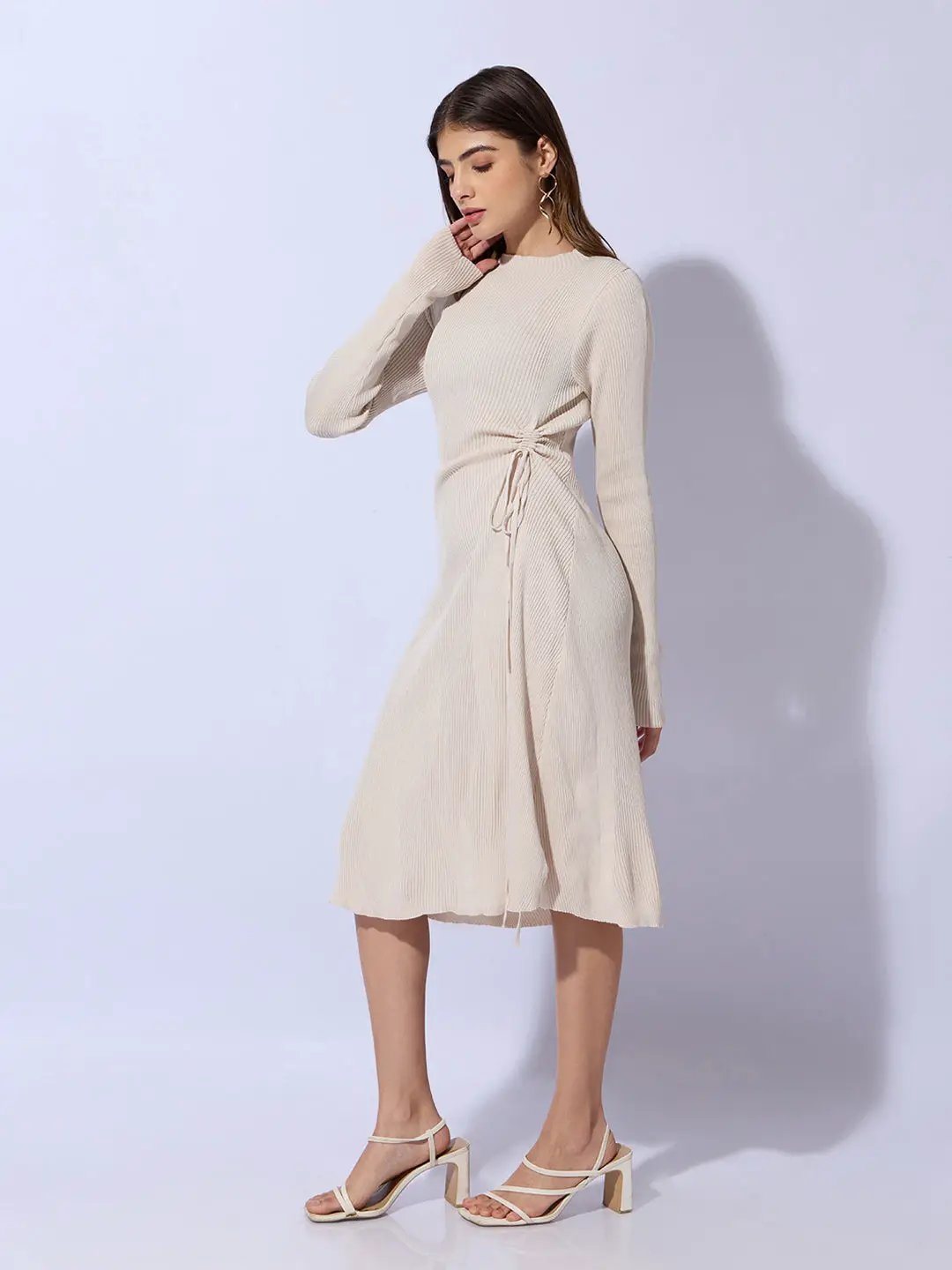 Women's Ribbed Beige Bodycon Dress with Side Drawstring Detail