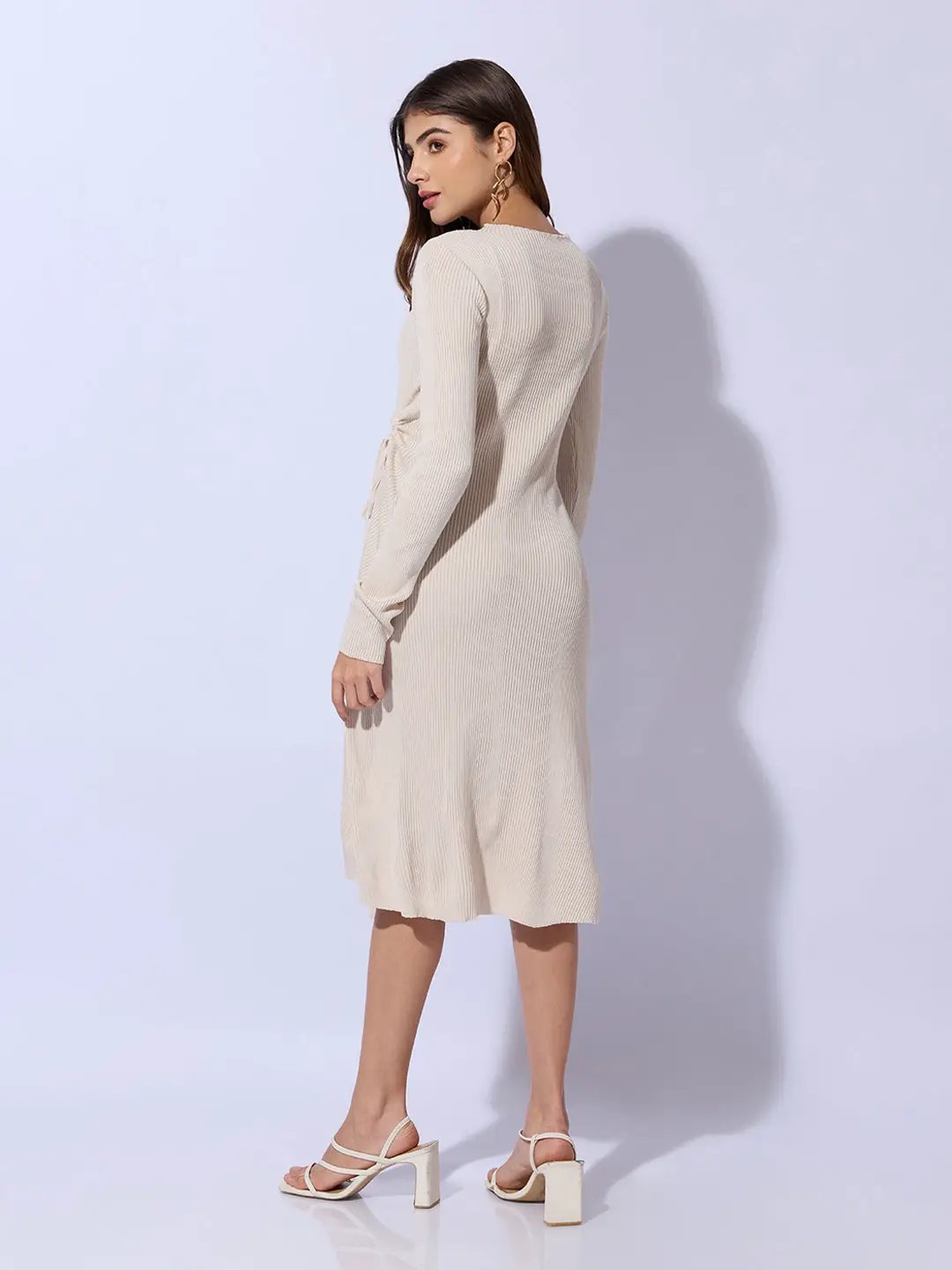 Women's Ribbed Beige Bodycon Dress with Side Drawstring Detail