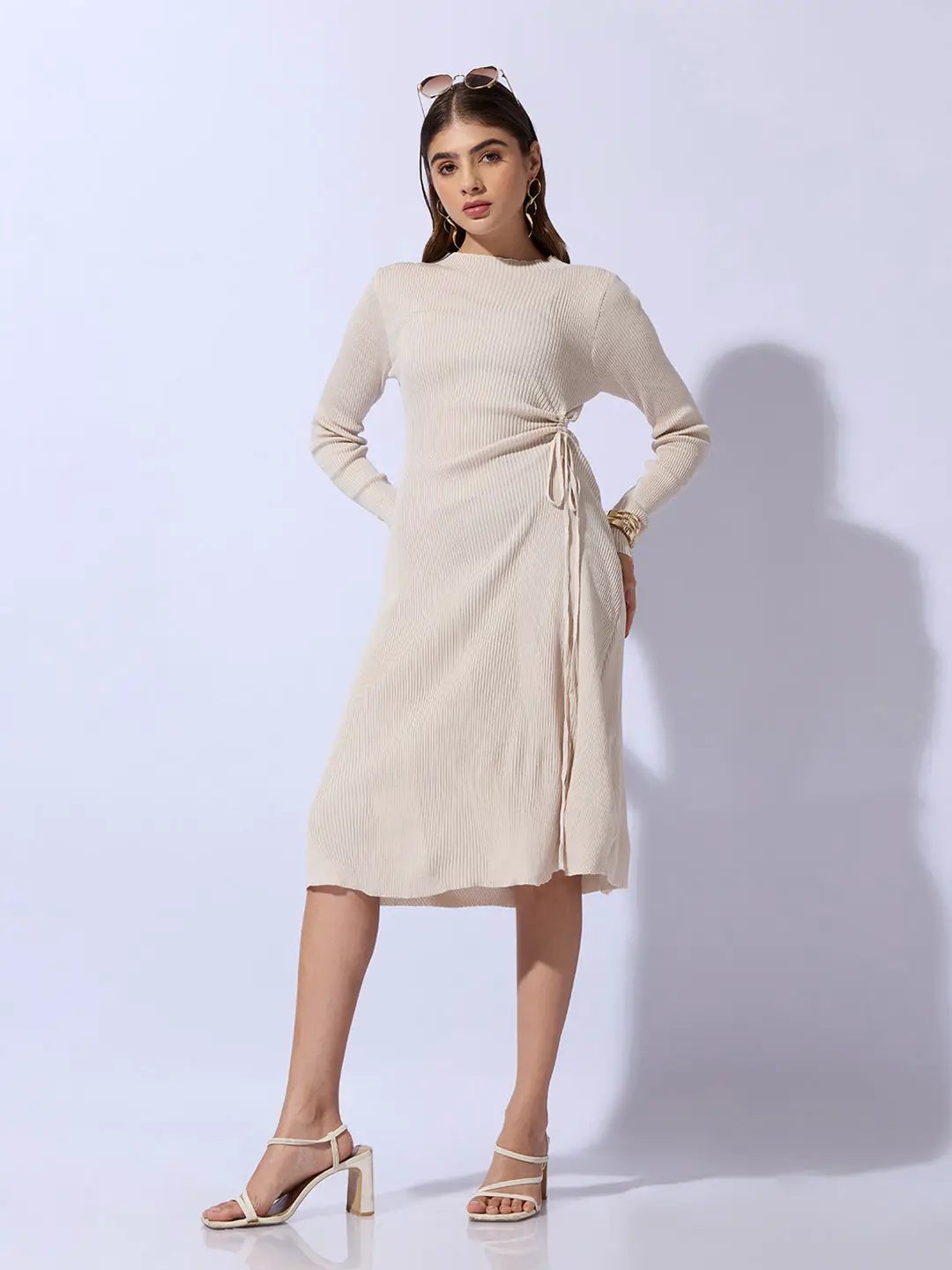 Women's Ribbed Beige Bodycon Dress with Side Drawstring Detail