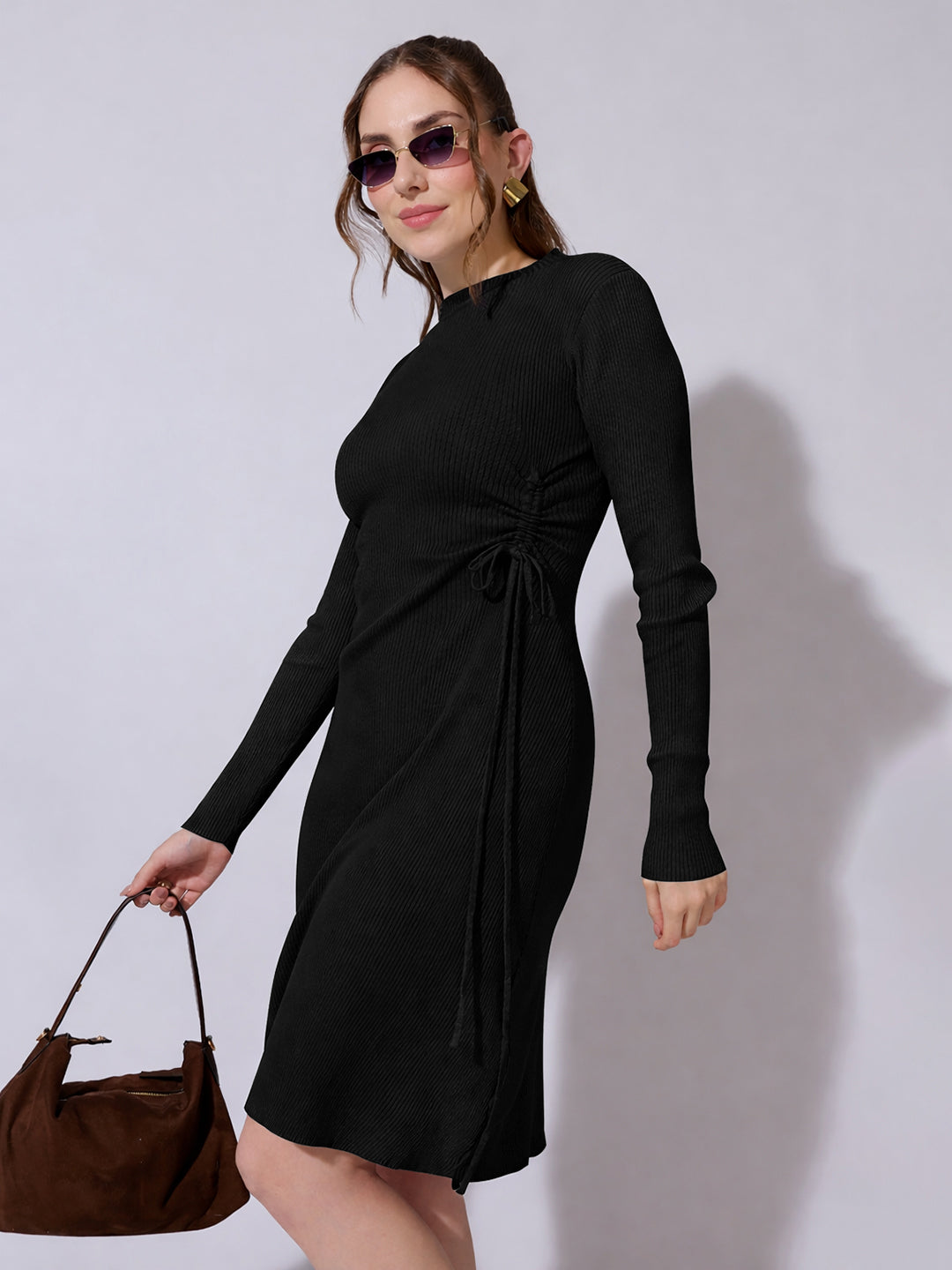 Women's Ribbed Black Bodycon Dress with Side Drawstring Detail