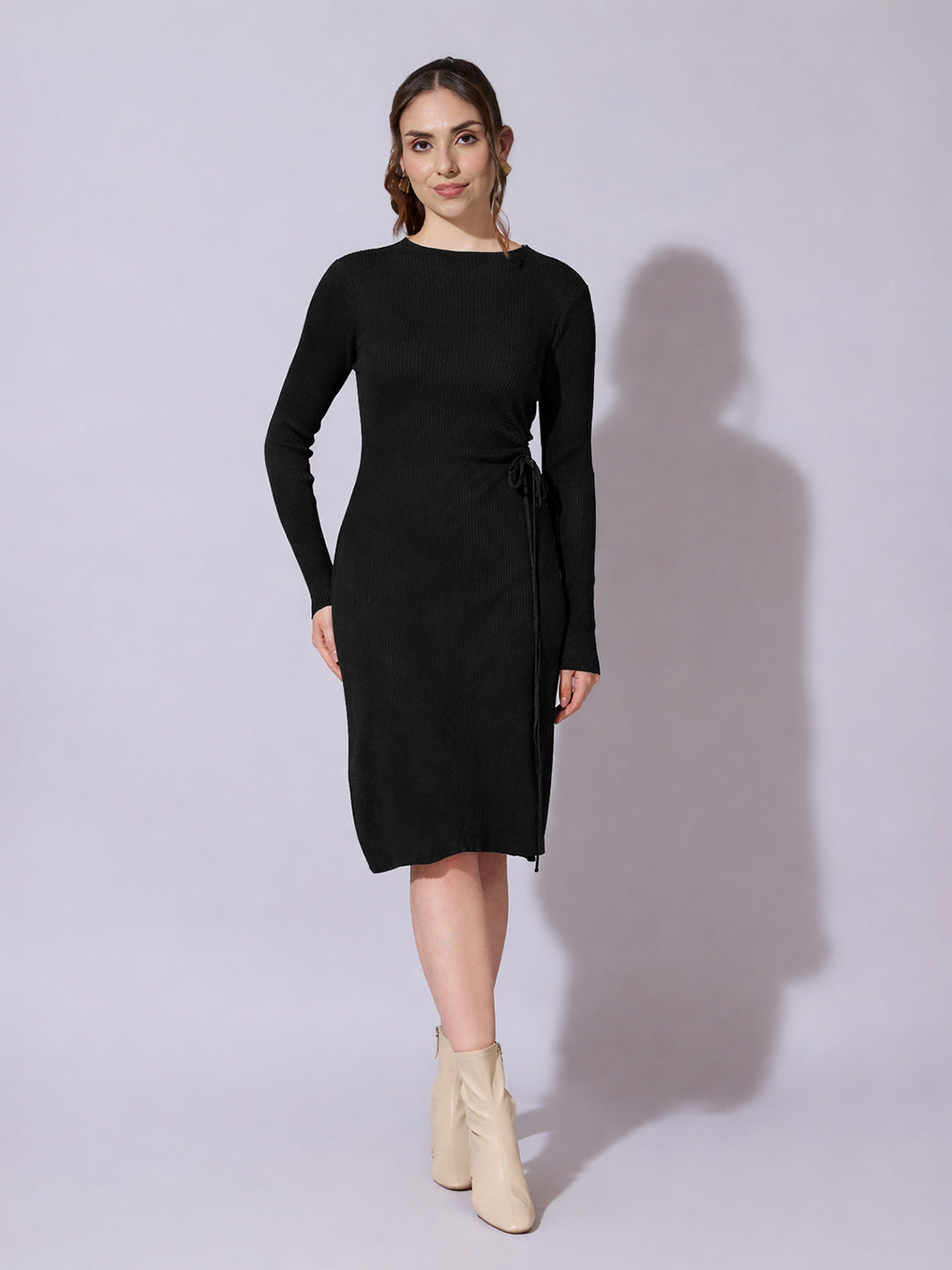 Women's Ribbed Black Bodycon Dress with Side Drawstring Detail