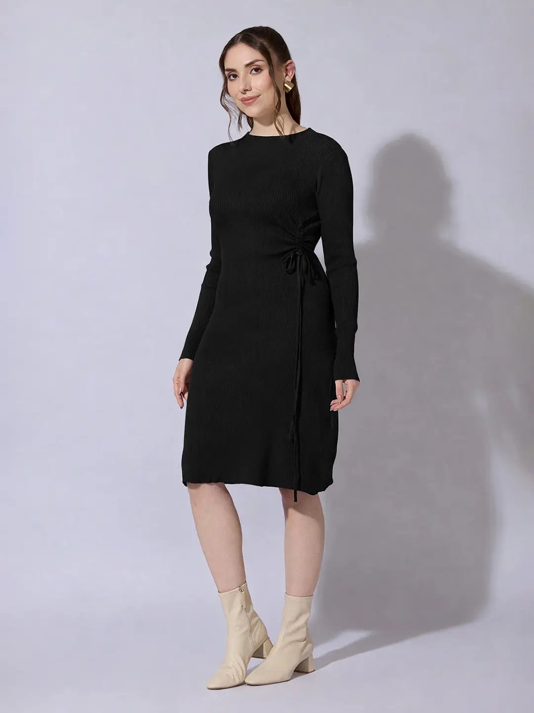 Women's Ribbed Black Bodycon Dress with Side Drawstring Detail