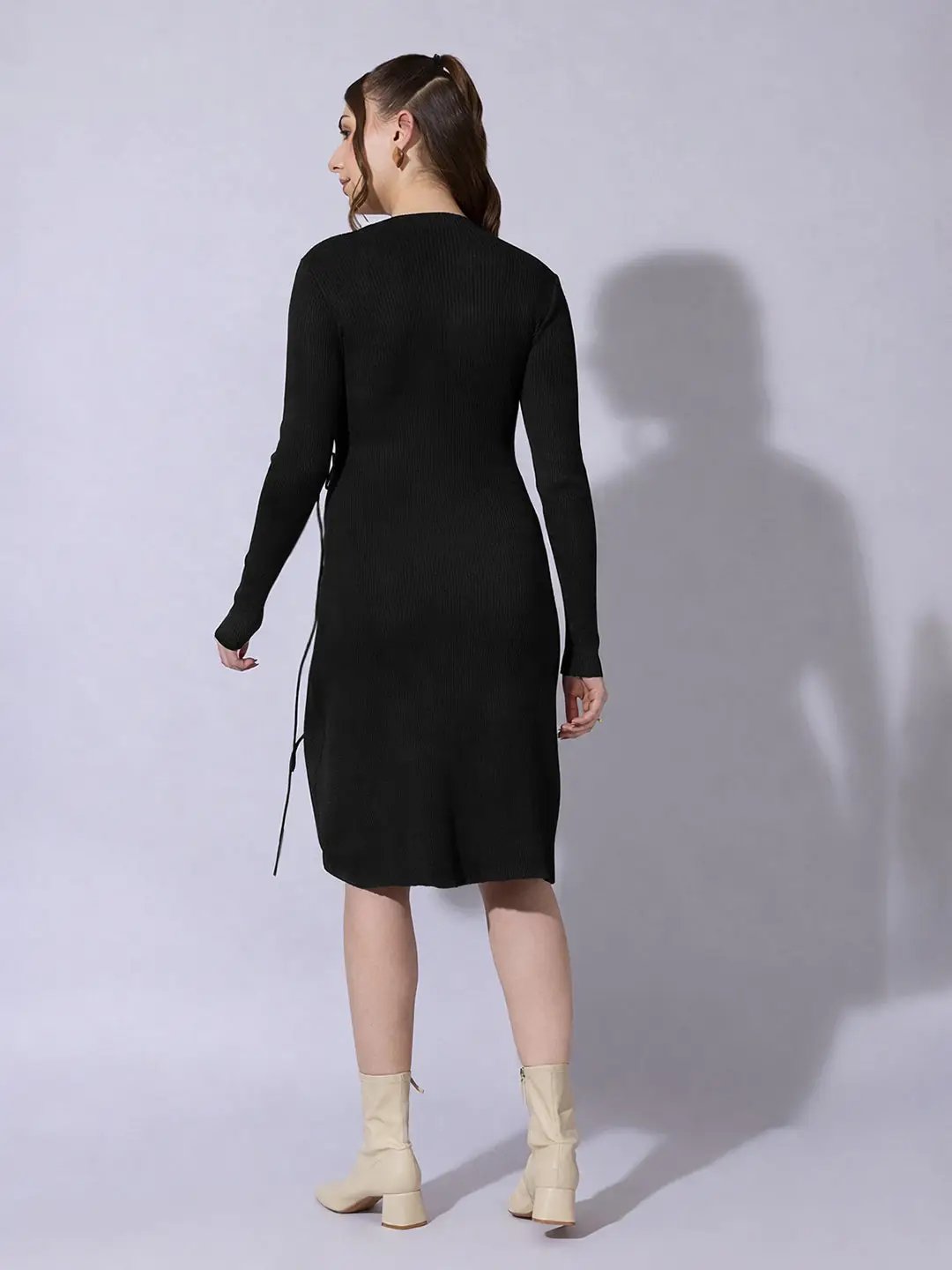 Women's Ribbed Black Bodycon Dress with Side Drawstring Detail