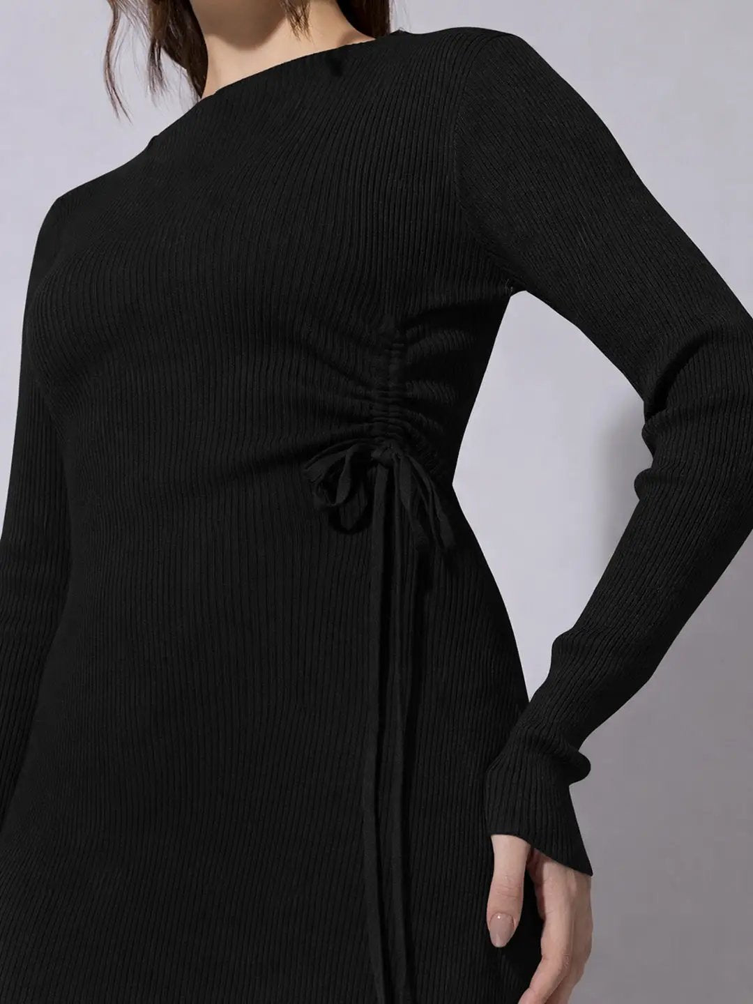 Women's Ribbed Black Bodycon Dress with Side Drawstring Detail