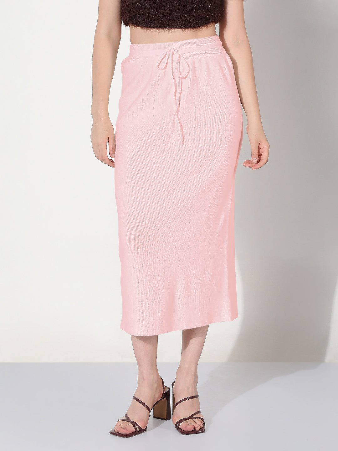 Women's Knitted Pink Straight Midi Skirt with Waist Tie-Up